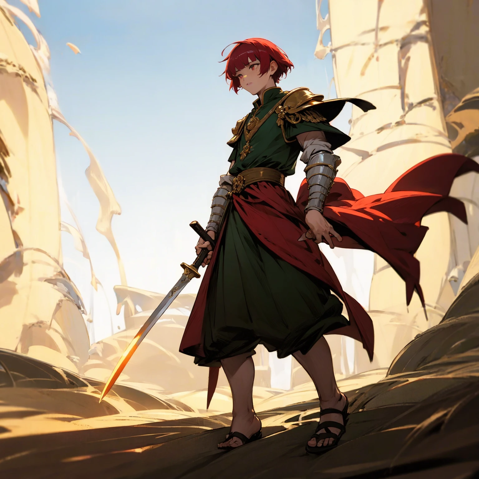 1boy, Full body version, 1character, muscle hand, muscle body, gold eyes, deep skin, bowl cut hairstyle, monolid eyes type, maroon colour hair, Renaissance clothing, lime color clothing, Ancient Roman sandals, two dagger knife silver in two hand, silver armor knight, Grassroots background in green fields, full background, in the afternoon, the silhouette of the afternoon sun, fire, fire, smoke, dagger knife emits light