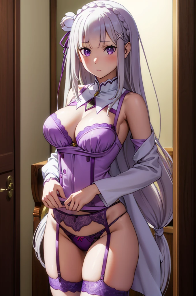 (masterpiece:1.3), (best quality:1.1), (8k, ultra detailed, ultra high res:1.1), (anime style:1.2), (perfect 5 fingers, perfect anatomy1.2), nsfw, 
1girl,
long hair, low-tied long hair, braid, crown braid, 
white hair, 
(purple eyes:1.2), (beatiful detailed eyes:1.1), 
(pointy ears:0.7), 
medium breasts,  
BREAK pink lingerie, lace-trimmed bra, (garter belt:1.3), thighhighs, cleavage, side-tie panties, (special occasion thong panties:1.3) , seductive pose, random, 
looking at viewer, 
cowboy shot, 
perfect light, 