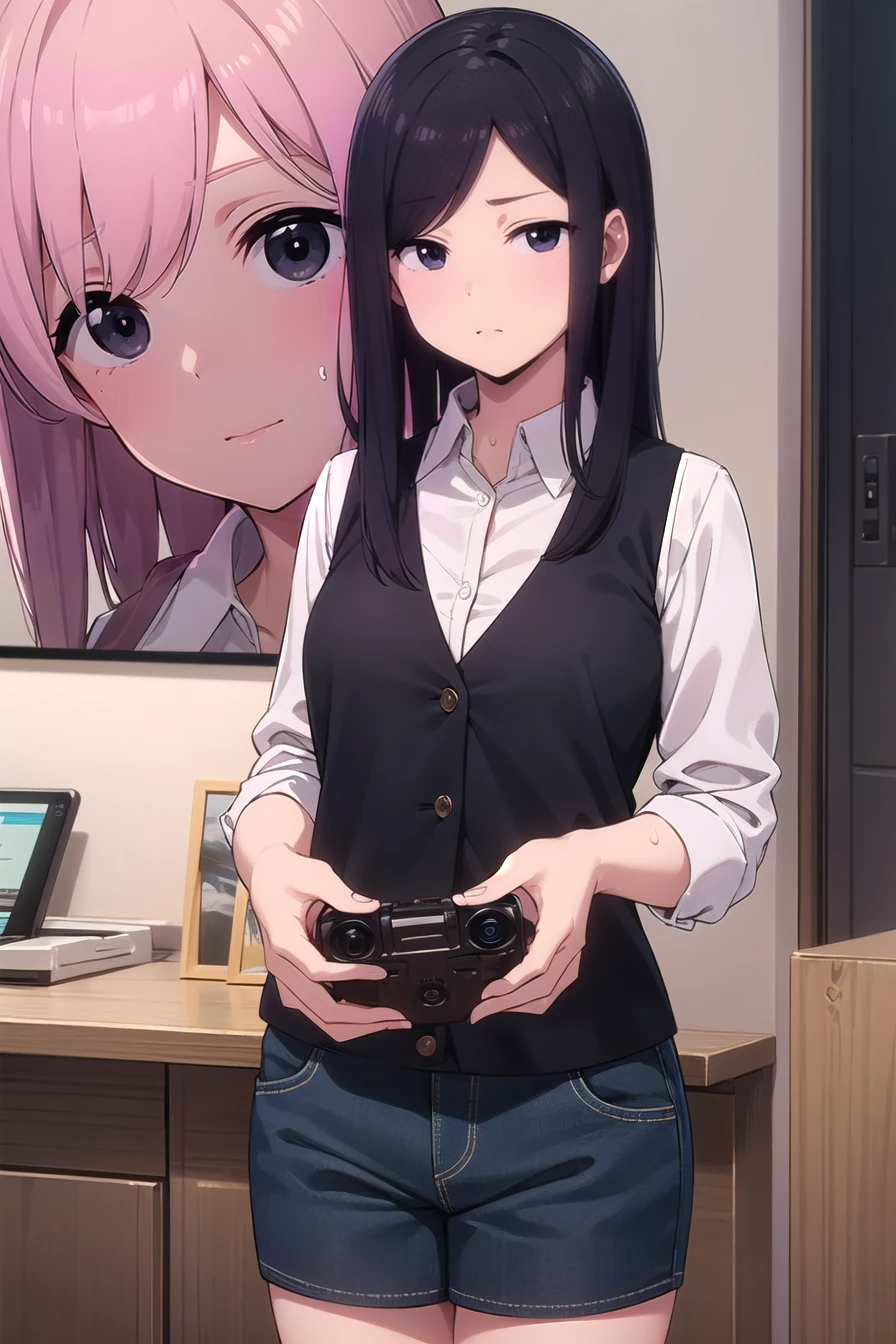 toukosakurai, touko sakurai, black hair, (black eyes:1.5), sidelocks, medium hair, mole, mole under eye, (swept bangs:1.5), lewd face, , (pink vest:1.2),
BREAK indoors, office,
BREAK looking at viewer, (cowboy shot:1.5),
BREAK (masterpiece:1.2), best quality, high resolution, unity 8k wallpaper, (illustration:0.8), (beautiful detailed eyes:1.6), extremely detailed face, perfect lighting, extremely detailed CG, (perfect hands, perfect anatomy), Wearing a dog collar, Naughty tattoo on the belly , shiver,(sweating), tremor