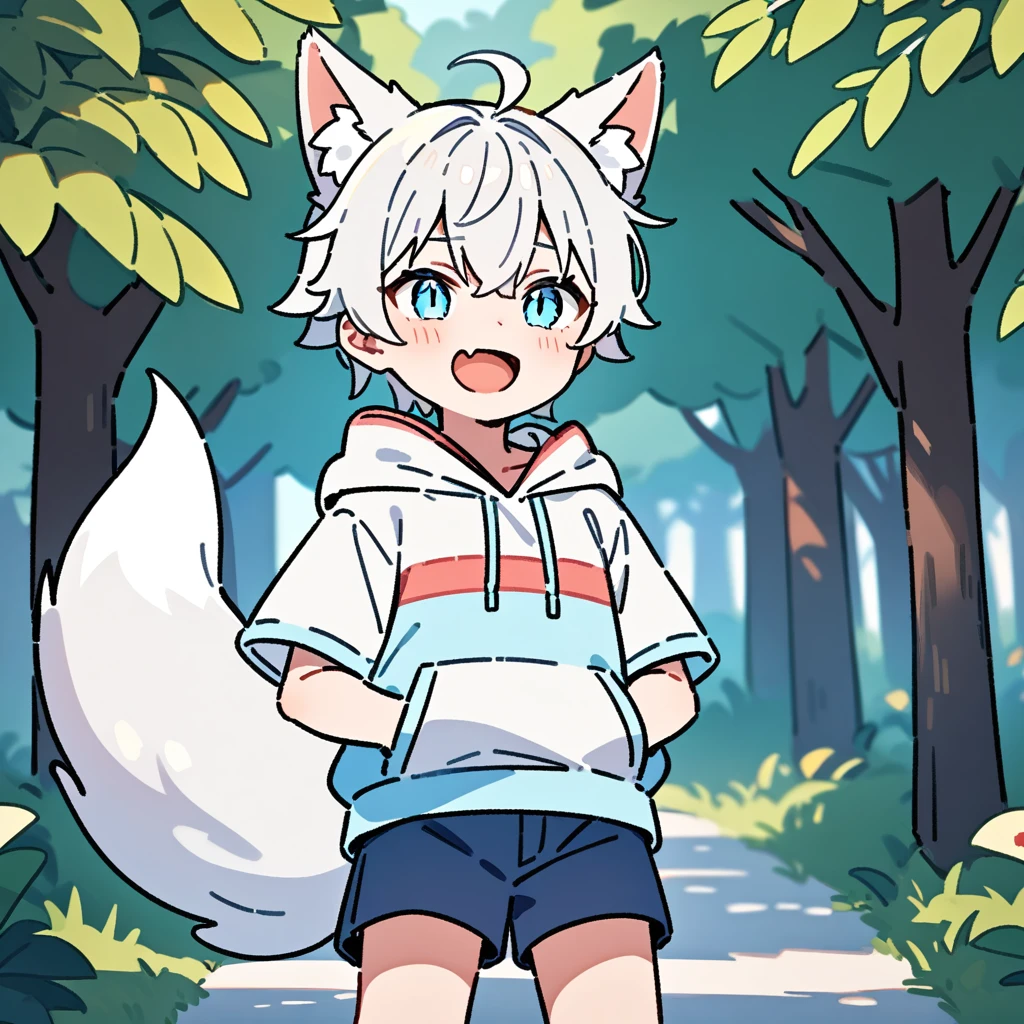 （masterpiece：1.2，high quality），8K，High resolution，A seven-year-old boy，cute boy，white hair，short hair，light blue eyes，slit pupils， ahoge，cat ears，laughing，skin fang，Halation，Wearing a white hoodie，Dark blue shorts，Stand in the forest，There are flowering trees on both sides.，primary school student，thigh，alone，fox tail，（Put your hands in your pockets）