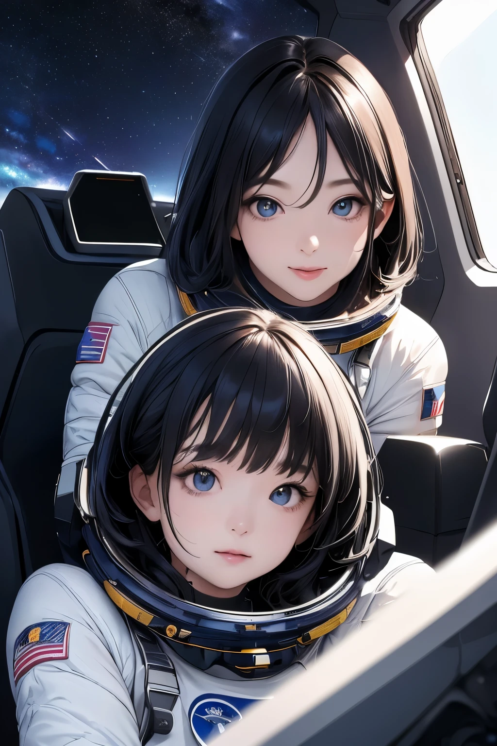 (Highest quality、High resolution、masterpiece)、(sf)、Female Astronauts、Spacesuit、cockpit、Canopy、One-seater patrol rocket、Sexy and cute、Beautiful Face、 (Exquisite beautiful eyes)、Black Hair、  Beautiful Hair、Shiny Hair、Cinema Lighting、Realistic lighting、meteor、milky way、nebula、Backlight、amazing splash、 Sparkling、Dazzling Light、