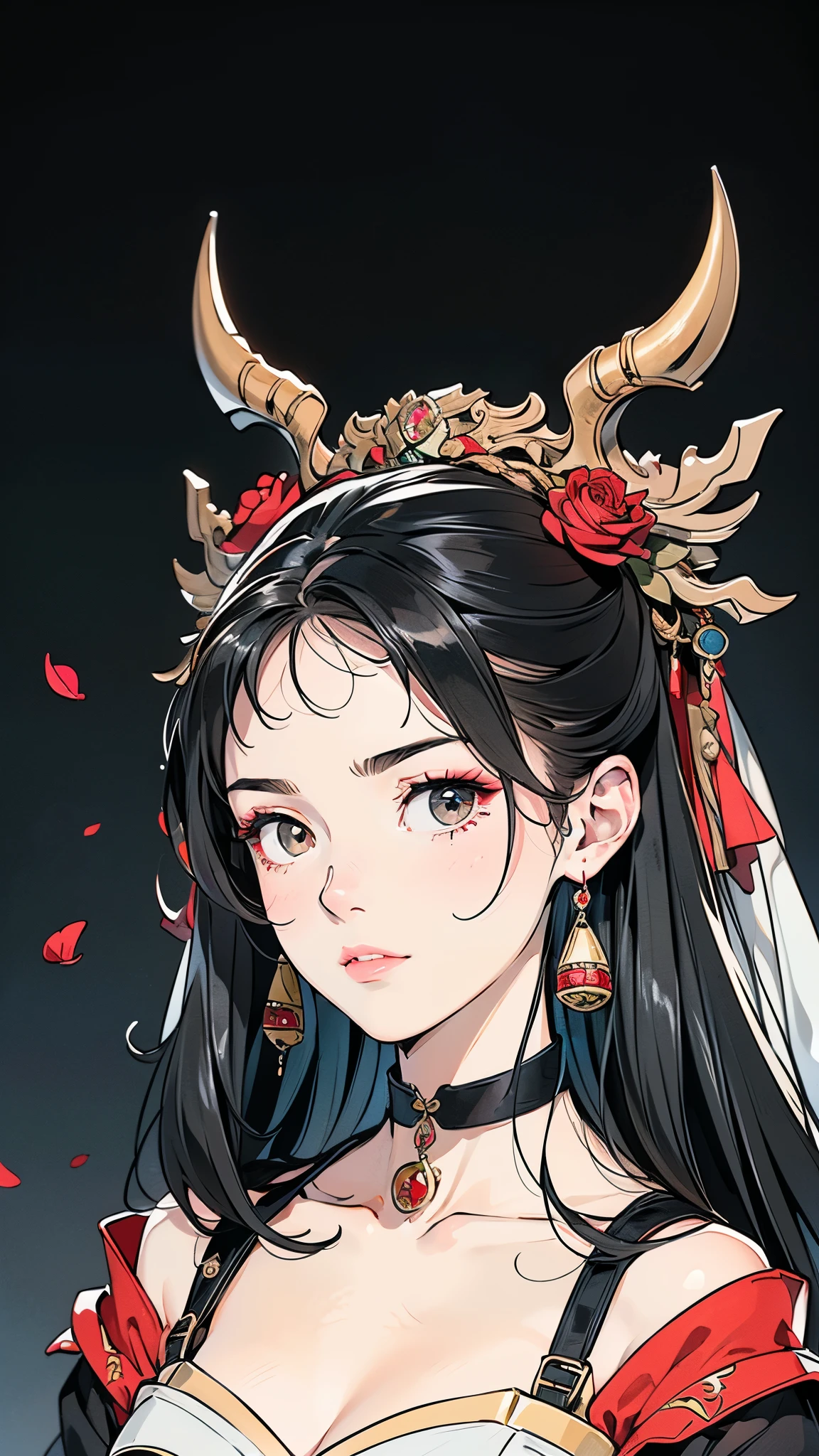 Seven Rhaeyar (Deylta), Ancient Star goddess, Perfect female anatomy (Royalty, Adult Female, 166cm in height, Cool pale skin, slim, slender, 34D breast size, Long Jet Black Hair, Gray Colored Iris , a set of Jet black colored horns on her head), Neutral facial expression, Elegant black uniform dress, female choker accessory with silver complimentary jewelry, dragon motifs, Black rope accessories, Simple Black Background, receiving light from the front, Slightly focusing on her face up close, Ethereal glow, Blue rose petals falling, Japanese inspired,