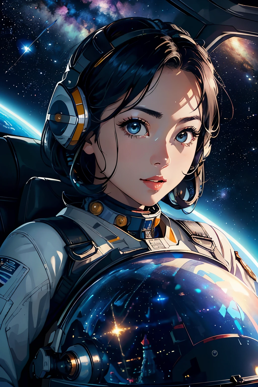 (Highest quality、High resolution、masterpiece)、(sf)、Female Astronauts、Spacesuit、cockpit、Canopy、One-seater patrol rocket、Sexy and cute、Beautiful Face、 (Exquisite beautiful eyes)、Black Hair、  Beautiful Hair、Shiny Hair、Cinema Lighting、Realistic lighting、meteor、milky way、nebula、Backlight、amazing splash、 Sparkling、Dazzling Light、