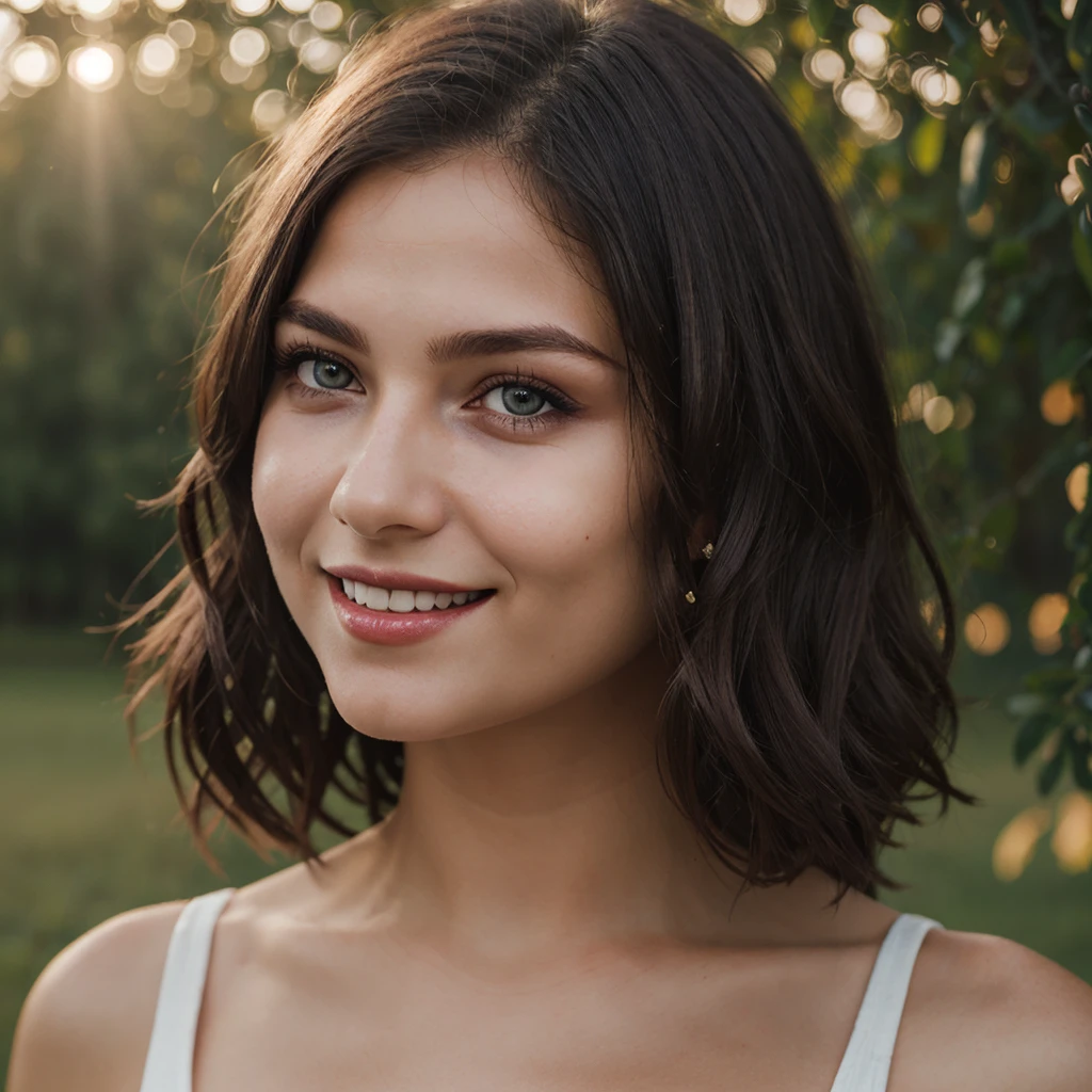 1girl, outdoors, at countryside, hair intakes, mole under eye, glowing eyes, parted lips, seductive smile, Hyperrealism, god rays, bust chart, close-up, Hasselblad, 135mm, bokeh, highres, best quality, super detail, masterpiece