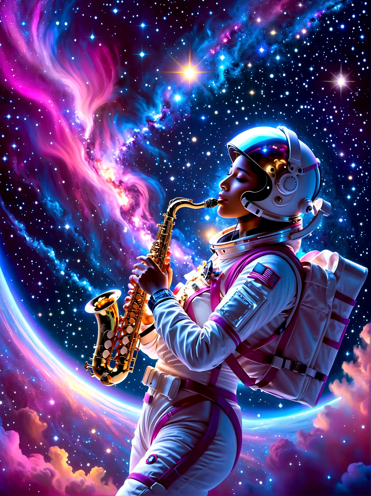 An astronaut of Caucasian descent, dressed in an orange-studded, high-tech spacesuit, is depicted wandering in a vibrantly hued space environment. A profusion of colors from red to blue, and green to violet, embody the cosmic spectacle around the space traveler. An ethereal mix of hues is noticed as a gigantic supernova bursts, unleashing colossal energy in the background. This sublime celestial event with incandescent filaments and pulsating radiances illuminates the wonders of the infinite universe, casting a spectacular light across the panorama. This mesmerizing view celebrates the awe-inspiring beauty and mystery of space.