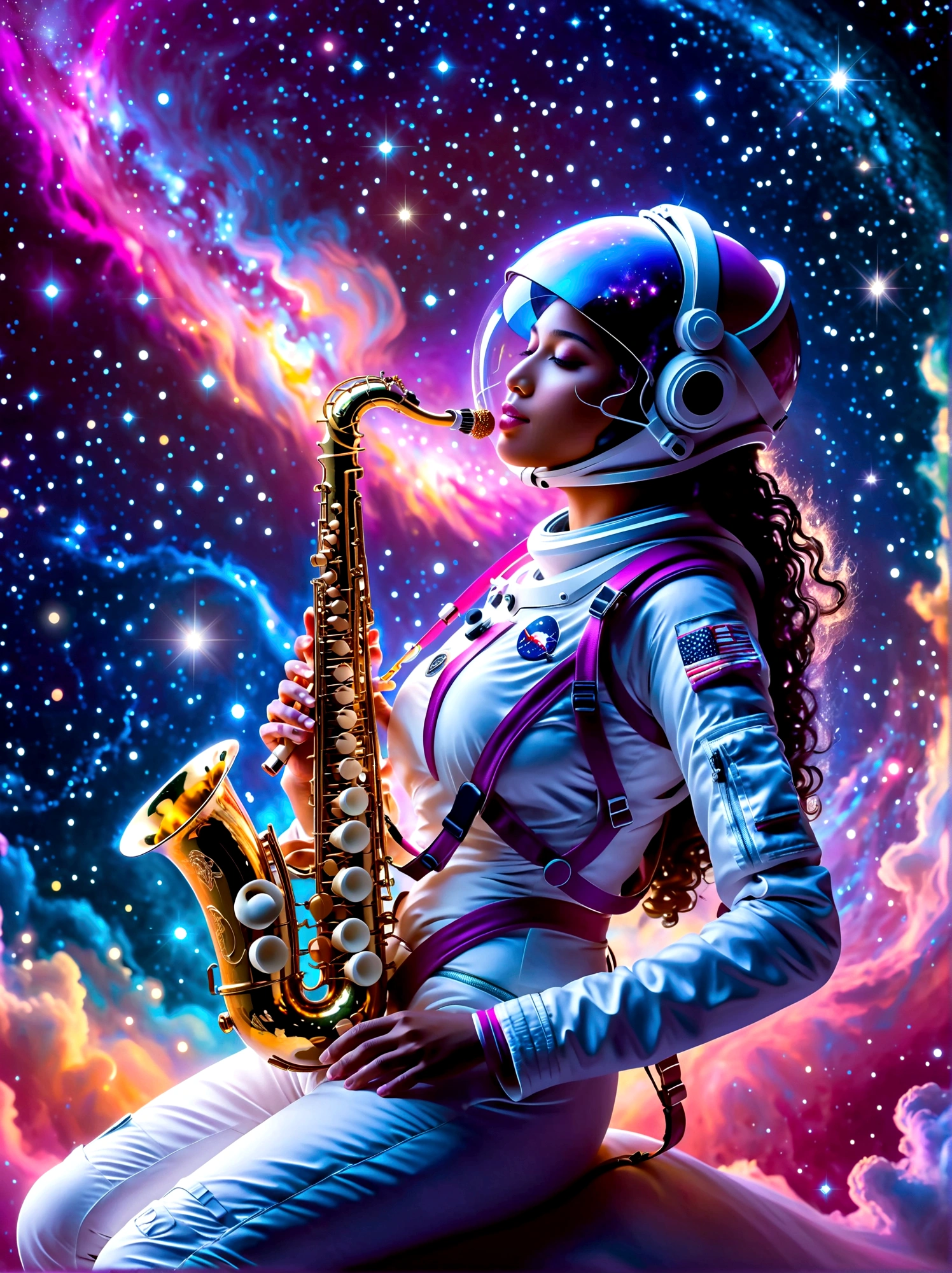 An astronaut of Caucasian descent, dressed in an orange-studded, high-tech spacesuit, is depicted wandering in a vibrantly hued space environment. A profusion of colors from red to blue, and green to violet, embody the cosmic spectacle around the space traveler. An ethereal mix of hues is noticed as a gigantic supernova bursts, unleashing colossal energy in the background. This sublime celestial event with incandescent filaments and pulsating radiances illuminates the wonders of the infinite universe, casting a spectacular light across the panorama. This mesmerizing view celebrates the awe-inspiring beauty and mystery of space.