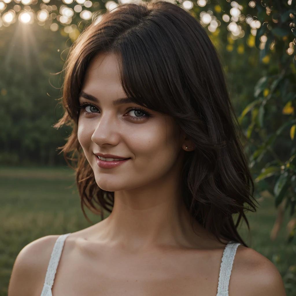 1girl, outdoors, at countryside, hair intakes, mole under eye, glowing eyes, parted lips, seductive smile, Hyperrealism, god rays, cowboy shot, Hasselblad, 135mm, bokeh, highres, best quality, super detail, masterpiece