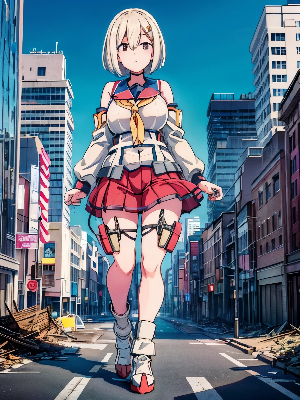 analog illustration style　 ((Destroyed city in flames)) ((Fire)) ((Destroyed buildings)) ((Destroyed cars)) ((Pile of rubble)) ((Hamakaze (KanColle))) ((Short hair)) ((Bob cut))　 90's Giant Girl on the Road in the Big City Uniform Skirt ((Dim cloudy sky)) Female Giant huge girl full body sneakers Destroyed skyscrapers, destroyed cars, crowd Unreal Engine,starrystarscloudcolorful,hamakaze_(kancolle), breasts, large_breasts, hair_over_one_eye