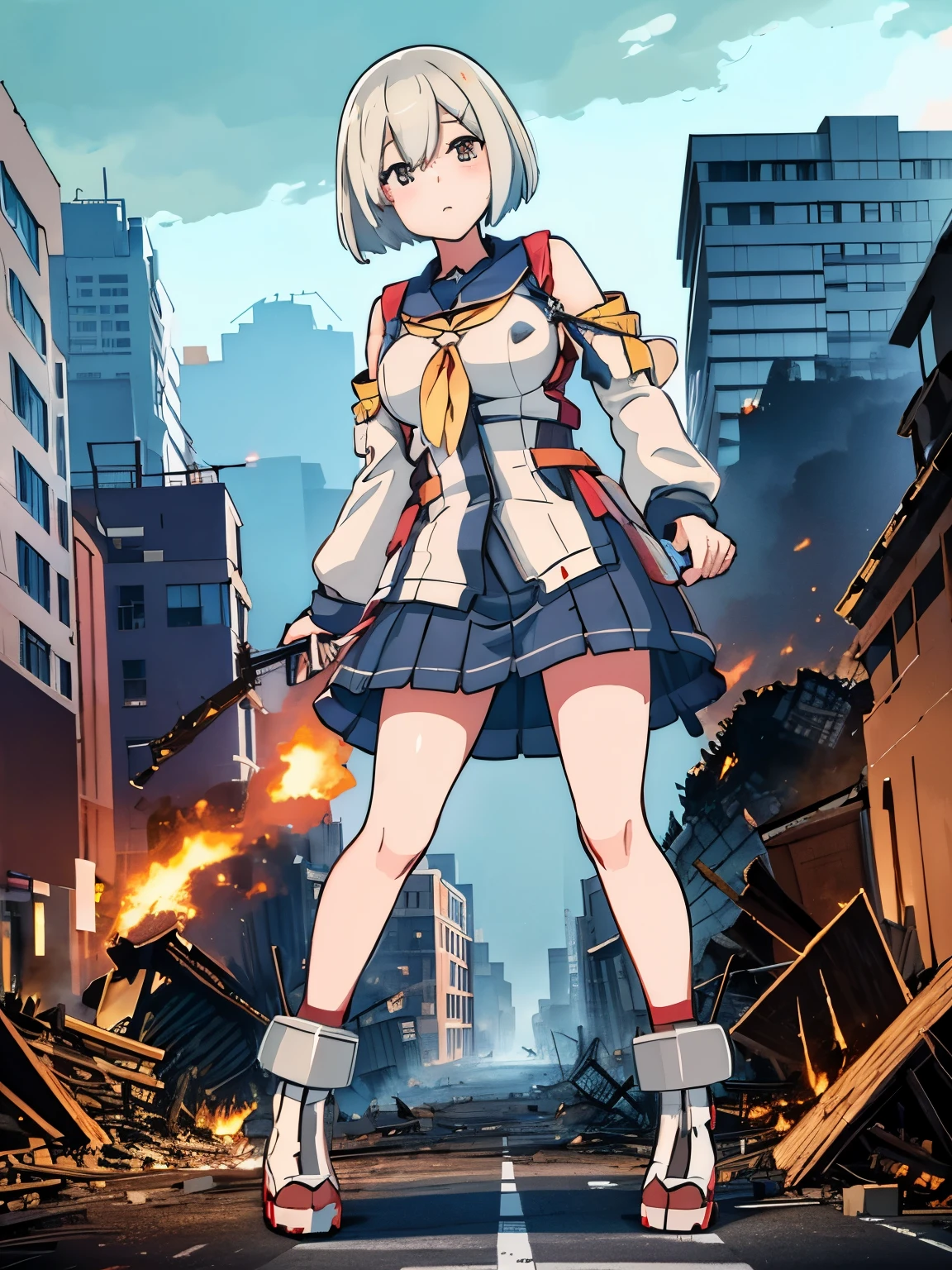 analog illustration style　 ((Destroyed city in flames)) ((Fire)) ((Destroyed buildings)) ((Destroyed cars)) ((Pile of rubble)) ((Hamakaze (KanColle))) ((Short hair)) ((Bob cut))　 90's Giant Girl on the Road in the Big City Uniform Skirt ((Dim cloudy sky)) Female Giant huge girl full body sneakers Destroyed skyscrapers, destroyed cars, crowd Unreal Engine,starrystarscloudcolorful,hamakaze_(kancolle), breasts, large_breasts, hair_over_one_eye