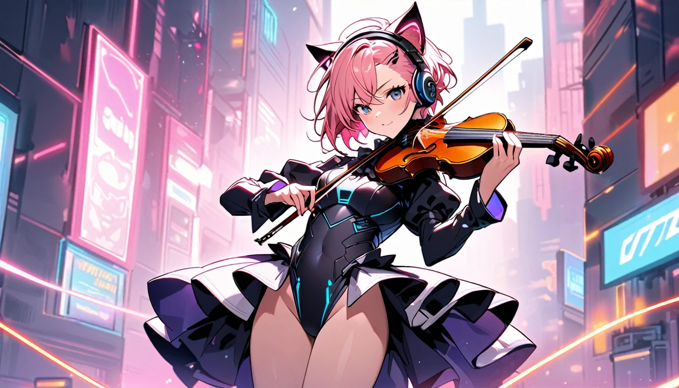 A beautiful single woman with a short undercut, pink hair, glowing wires, headphones, cat ears, and a neon sci-fi robot leotard. Behind it is a robot with neon lights. The background image is a large robot, clearly visible. stage performance Play the neon sci-fi colored violin Black violin bottom keyboard on violin