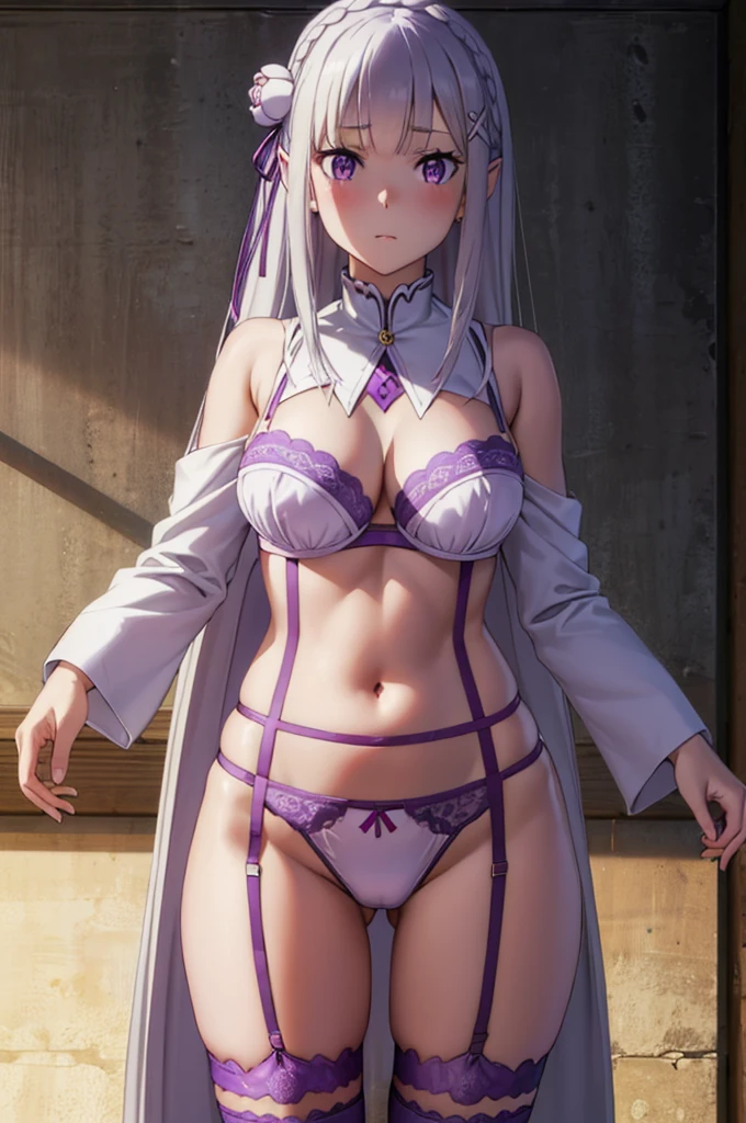 (masterpiece:1.3), (best quality:1.1), (8k, ultra detailed, ultra high res:1.1), (anime style:1.2), (perfect 5 fingers, perfect anatomy1.2), nsfw, (model posing:1.2), 
1girl,
long hair, low-tied long hair, braid, crown braid, 
white hair, 
(purple eyes:1.2), (beatiful detailed eyes:1.1), 
(pointy ears:0.7), 
medium breasts,  
BREAK pink lingerie, lace-trimmed bra, (garter belt:1.3), thighhighs, cleavage, side-tie panties, (special occasion thong panties:1.3) , 
looking at viewer, 
cowboy shot, 
perfect light, 