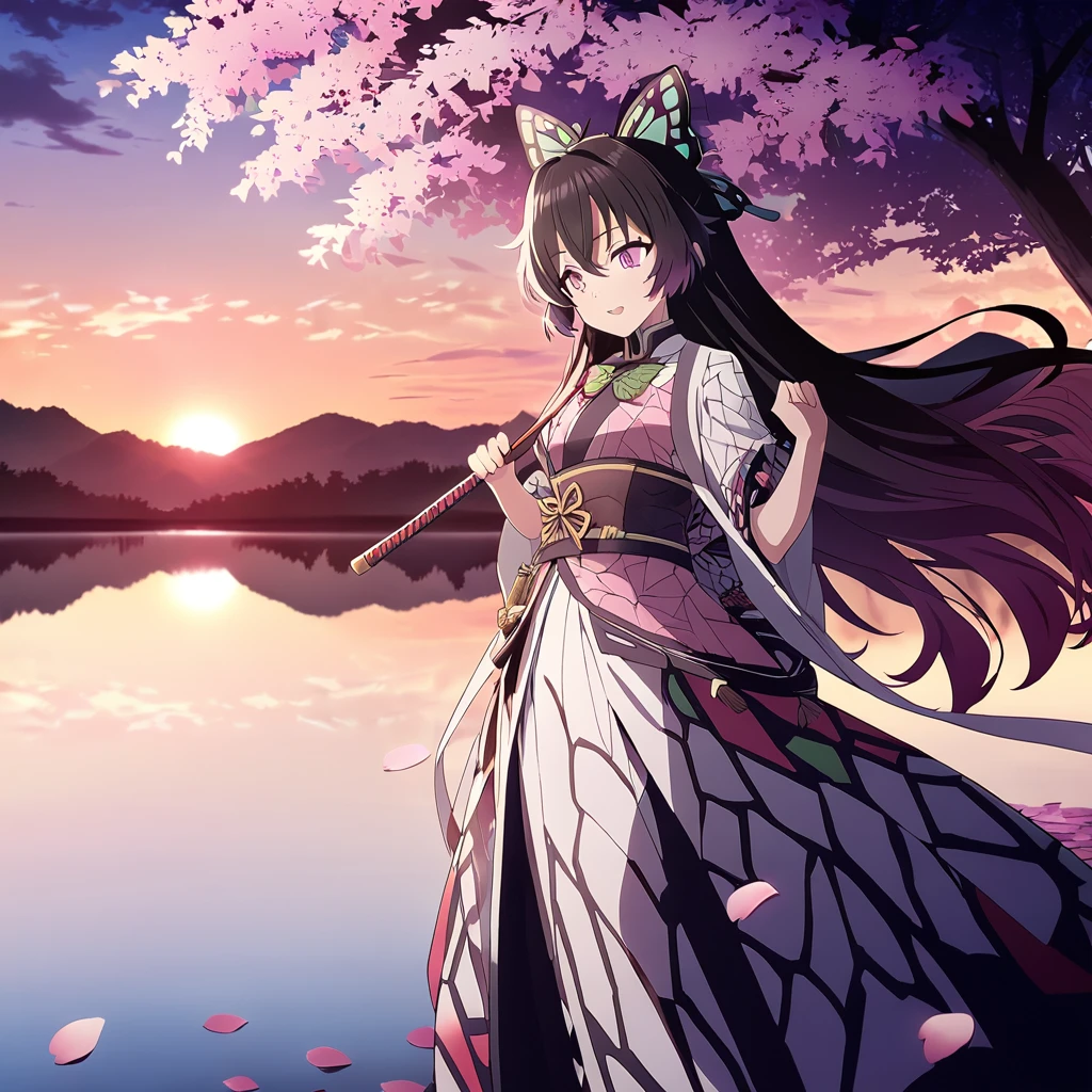 A highly detailed and high-resolution masterpiece by Shinobu Kocho, The beautiful and terrifying dynamic action of the Demon Slayer Corps. Her voyeur had some butterflies., Highlights the exquisite detail of her butterfly-themed outfit and the fierce expression on her face. Set the scene at dusk, A calm lake with cherry blossom petals in the background. Utilizing rich colors and three-dimensional light、Expressing mysterious beauty and strength。.