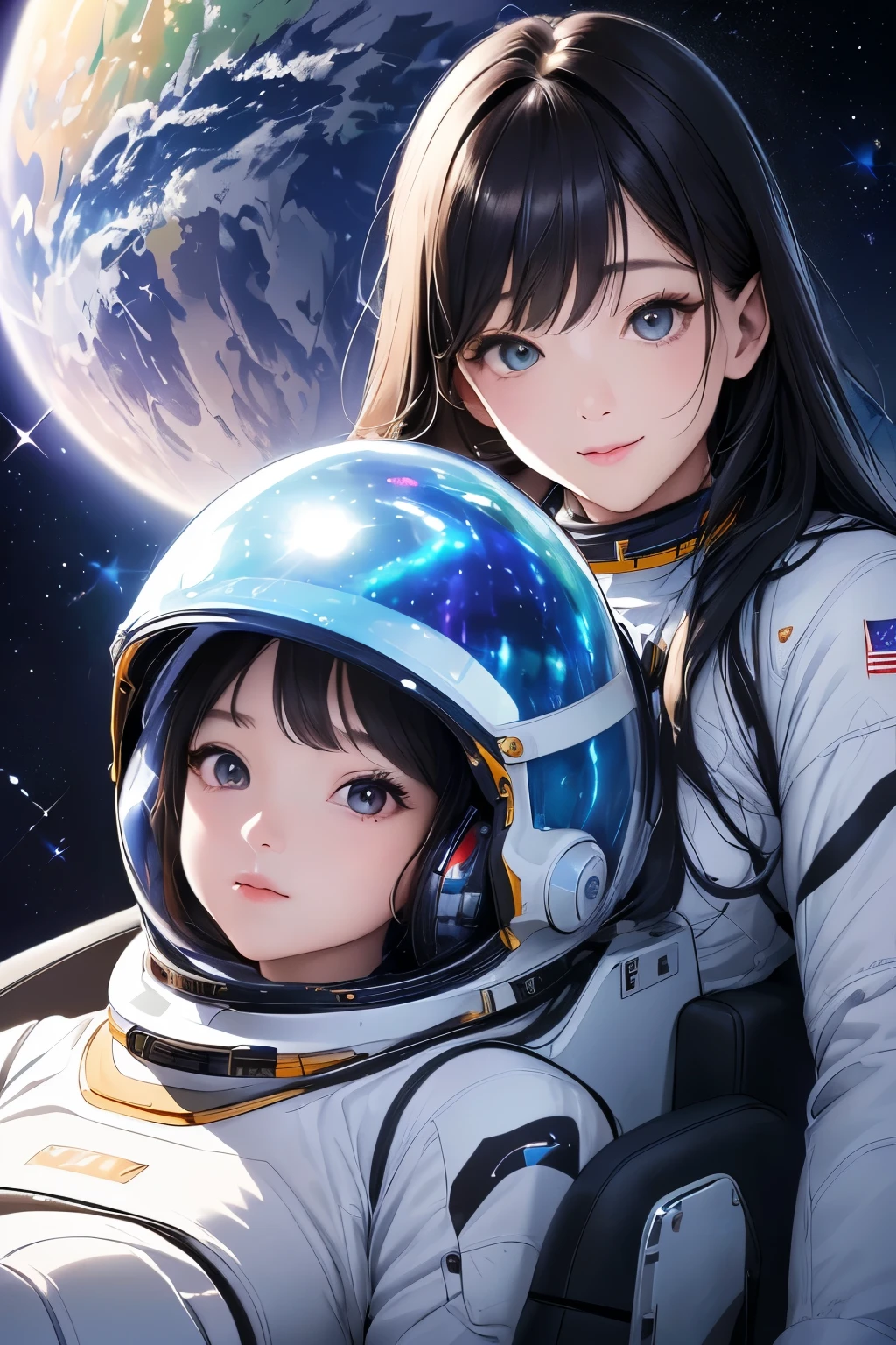 (Highest quality、High resolution、masterpiece)、(sf)、Female Astronauts、Spacesuit、cockpit、Canopy、One-seater patrol rocket、Sexy and cute、Beautiful Face、 (Exquisite beautiful eyes)、Black Hair、  Beautiful Hair、Shiny Hair、Cinema Lighting、Realistic lighting、meteor、milky way、nebula、Backlight、amazing splash、 Sparkling、Dazzling Light、