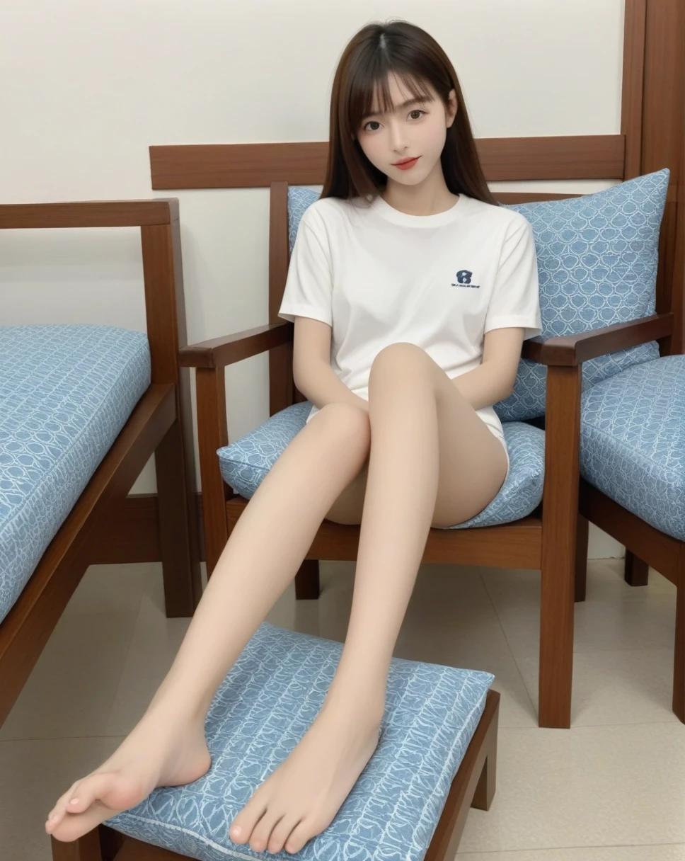 score_9, score_8_superior, score_7_superior,Young woman sitting in a room. she「day」He is wearing a white T-shirt with. she短い茶色の髪をしており、Looking straight at the viewer。. Her legs are on prominent display, with a close-superior focus on her toes and soles. she靴を履いていない, And her feet are bare. The room has a wooden chair with a blue patterned cushion., table, and a csuperior on it. The overall atmosphere of the image is calm and relaxing..