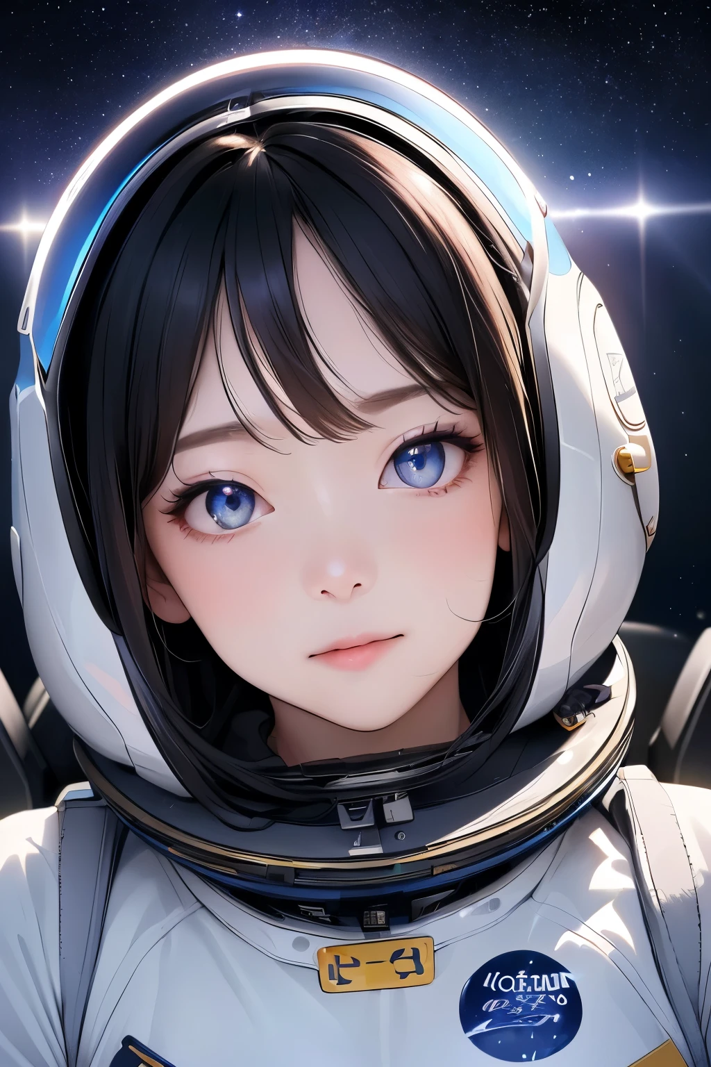 (Highest quality、High resolution、masterpiece)、(sf)、Female Astronauts、Spacesuit、cockpit、Canopy、One-seater patrol rocket、Sexy and cute、Beautiful Face、 (Exquisite beautiful eyes)、Black Hair、  Beautiful Hair、Shiny Hair、Cinema Lighting、Realistic lighting、meteor、milky way、nebula、Backlight、amazing splash、 Sparkling、Dazzling Light、