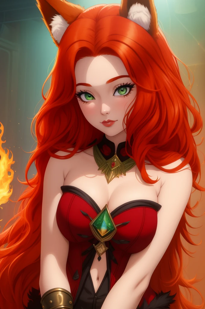 Molten, ginger haired young female with green eyes and horns, Lava, choker, bodycon minidress, breasts, face, eyes, vibrant hair, masterpiece, best quality, full body, bending forwards, realistic, looking up at viewer, looking down at subject, heels, hands, fingers, arms down at side