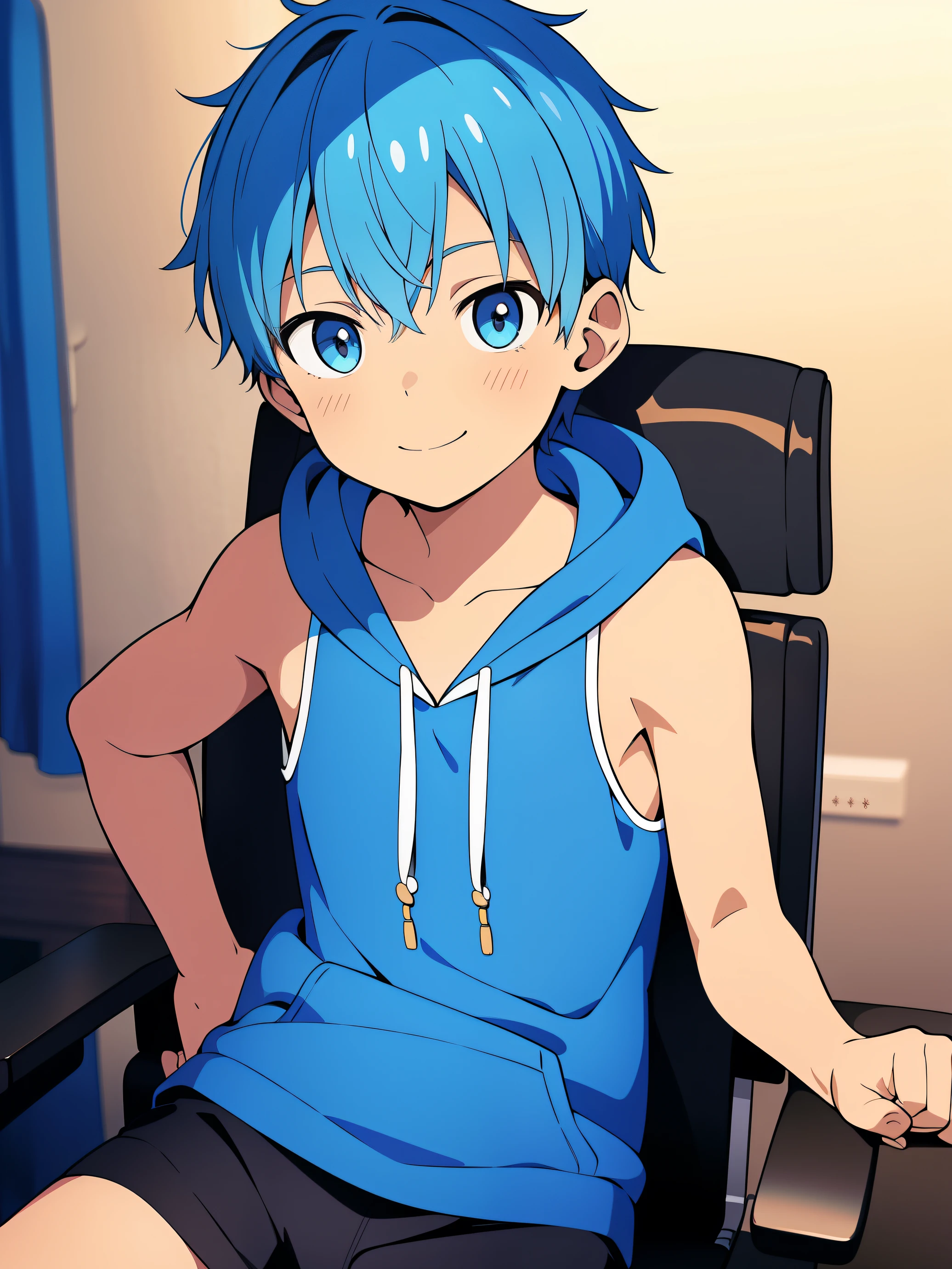 Highres, Masterpiece, Best quality at best,Best Quality,hight quality, hight detailed, Anime style, 1boy, Shota, young boy, Solo person, smile, Blue hair, messy hair, Sleeveless hoodie, bare shoulder sit on the chair, coolarbome, Seen from the front, upper body, (very young boy), (very small and short body), 12-year-old boys, uhd, blurry beckground