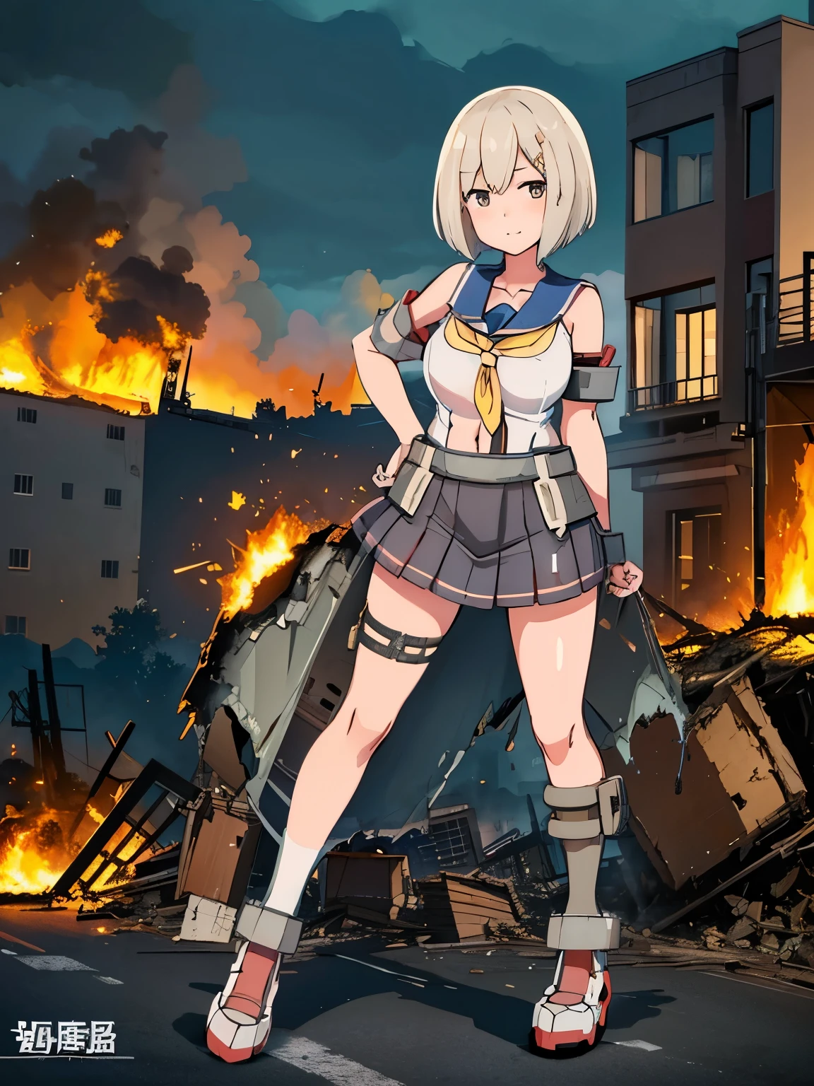 analog illustration style　 ((Destroyed city in flames)) ((Fire)) ((Destroyed buildings)) ((Destroyed cars)) ((Pile of rubble)) ((Hamakaze (KanColle))) ((Short hair)) ((Bob cut))　 90's Giant Girl on the Road in the Big City Uniform Skirt ((Dim cloudy sky)) Female Giant huge girl full body sneakers Destroyed skyscrapers, destroyed cars, crowd Unreal Engine,starrystarscloudcolorful,hamakaze_(kancolle), breasts, large_breasts, hair_over_one_eye