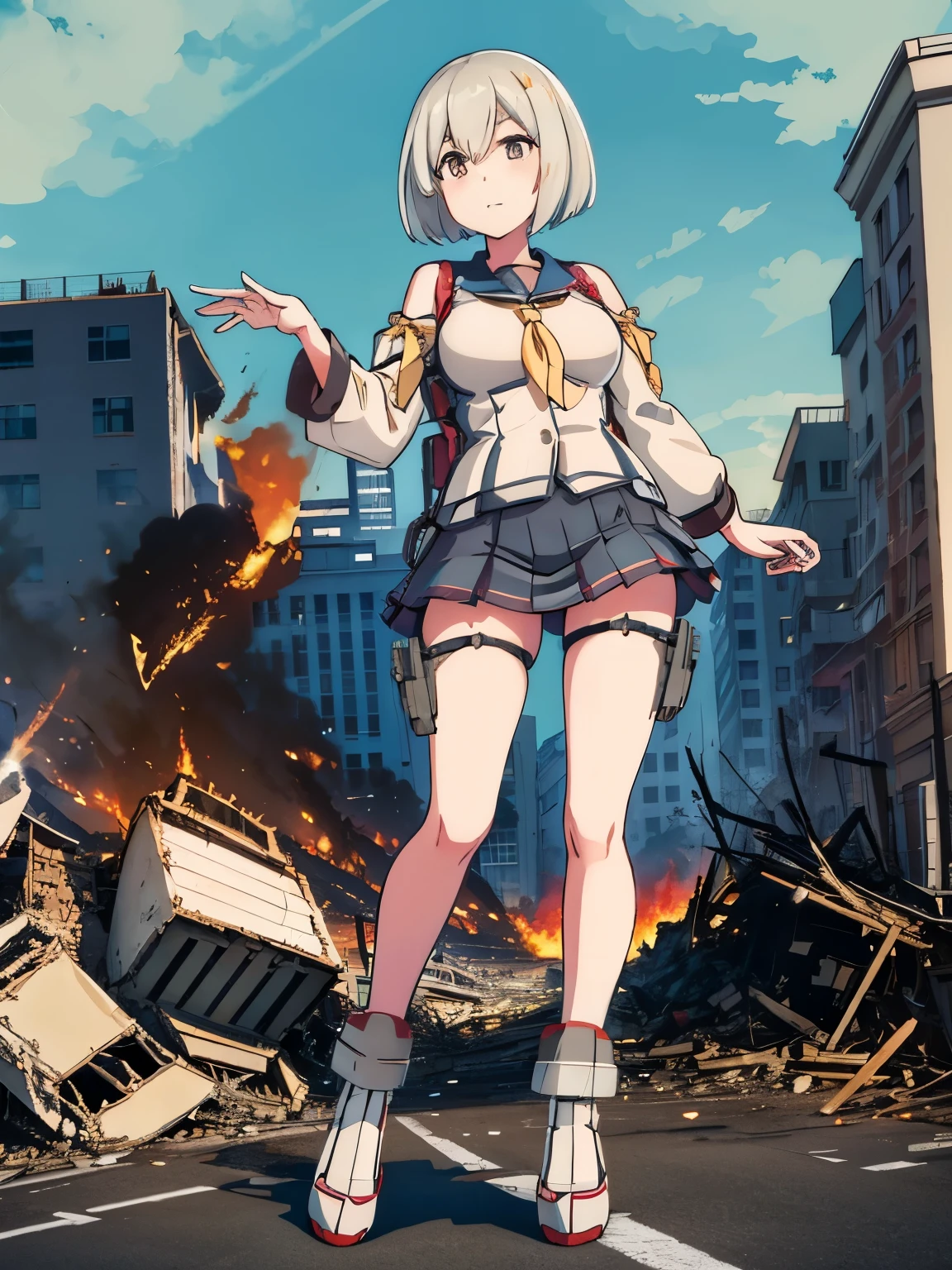 analog illustration style　 ((Destroyed city in flames)) ((Fire)) ((Destroyed buildings)) ((Destroyed cars)) ((Pile of rubble)) ((Hamakaze (KanColle))) ((Short hair)) ((Bob cut))　 90's Giant Girl on the Road in the Big City Uniform Skirt ((Dim cloudy sky)) Female Giant huge girl full body sneakers Destroyed skyscrapers, destroyed cars, crowd Unreal Engine,starrystarscloudcolorful,hamakaze_(kancolle), breasts, large_breasts, hair_over_one_eye