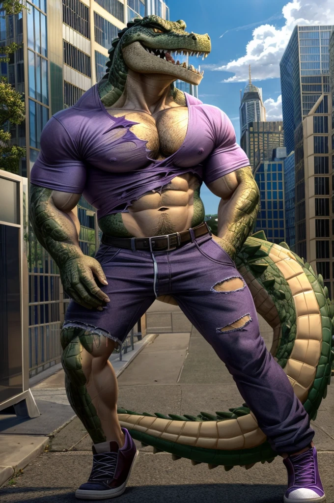 a muscular dragonborn superhero with a yellow body, blue eyes, and fins, wearing a cyberpunk-style superhero suit, shirtless, standing in a room with a street and neon lights outside, detailed eyes, high quality, best quality, huge bulge