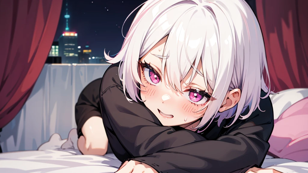 White Hair Girl、Pink Eyes、Short Hair、Only one girl、Night、In the bedroom、Blushing、laughing、Excited、Just One、Sitting on the bed、Sweating、On all fours