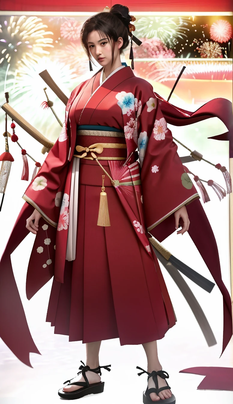 Black hair geisha hairstyle adult women,White green leaf pattern kimono,cleavage,White socks,slippers,Japanese samurai sword,Standing,Japanese shogunate era streets