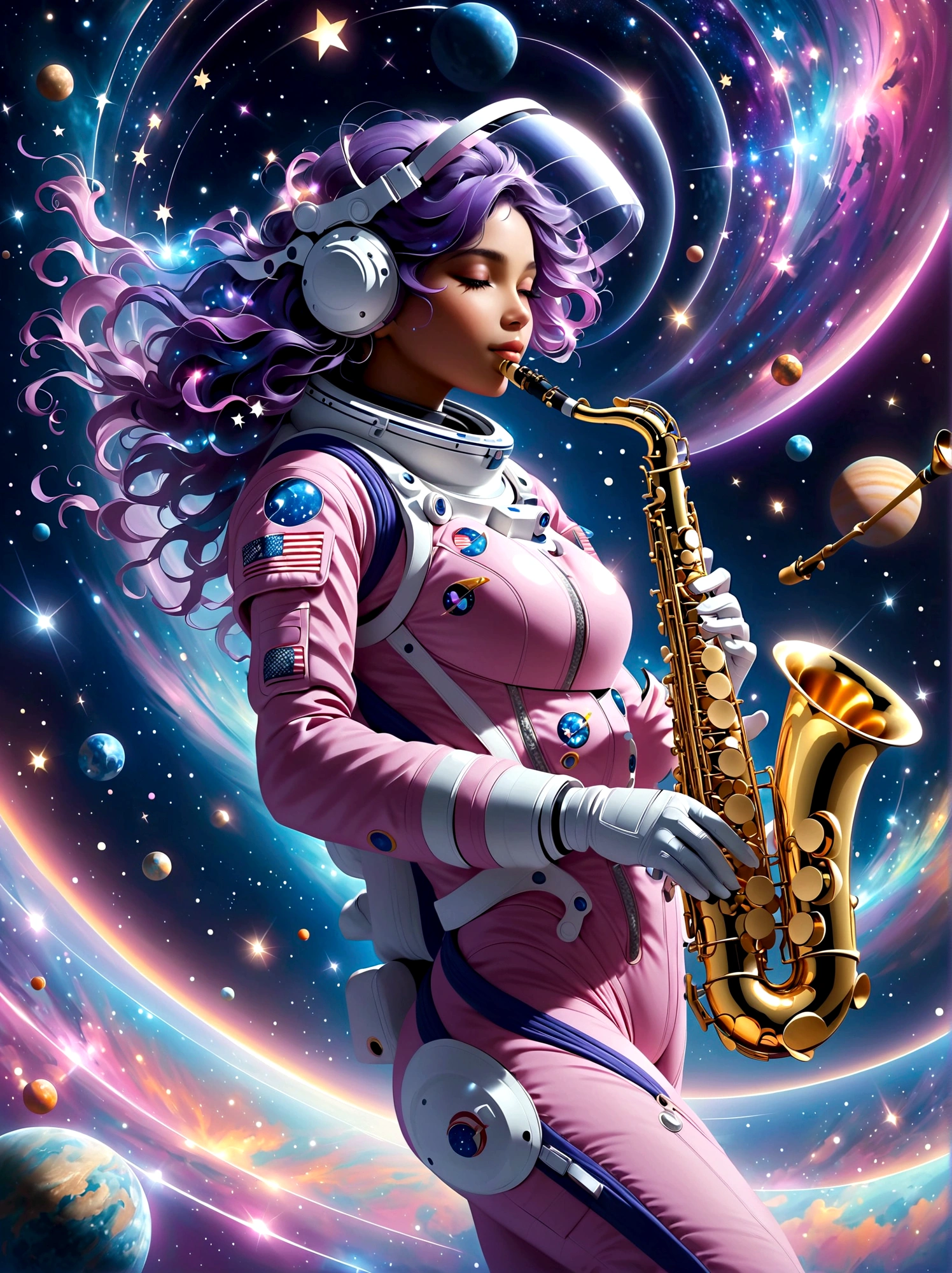 A futuristic visual of an astronaut playing a shining silver saxophone, floating amid the cosmos. The astronaut is a South Asian female, donned in a highly advanced violet-pink spacesuit equipped with glowing white lights. The background is a star-studded sky with soft hues of blues and purples, featuring galaxies far away. Also visible are celestial bodies like moons and distant planets with rings around them. The cosmic wisps and twinkling stars reflected on her helmet visor add a magical touch. The saxophone is producing a marvellous spectrum of musical notes, which glow and dissolve into the vast space around her