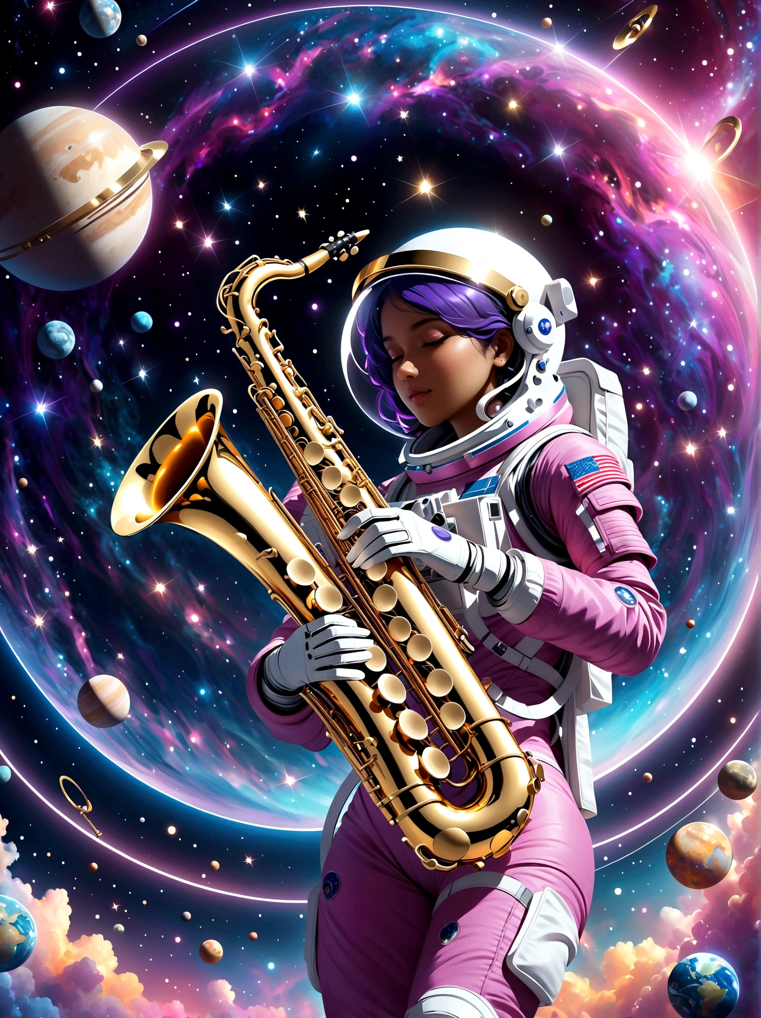 An astronaut of Caucasian descent, dressed in an orange-studded, high-tech spacesuit, is depicted wandering in a vibrantly hued space environment. A profusion of colors from red to blue, and green to violet, embody the cosmic spectacle around the space traveler. An ethereal mix of hues is noticed as a gigantic supernova bursts, unleashing colossal energy in the background. This sublime celestial event with incandescent filaments and pulsating radiances illuminates the wonders of the infinite universe, casting a spectacular light across the panorama. This mesmerizing view celebrates the awe-inspiring beauty and mystery of space.