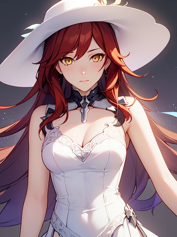 , Medium , masterpiece, (photorealistic:1.4), best quality, beautiful lighting, big witch hat, cleavage, admiral long coat, shoulder badge, (ulzzang-6500:0.5), makima \(chainsaw man\), (red hair)+(single long braided hair)+(bangs), yellow eyes, golden eyes, ((ringed eyes)), (white shirt), RAW photo, 8k uhd, film grain, at castle, mediavel, closeup