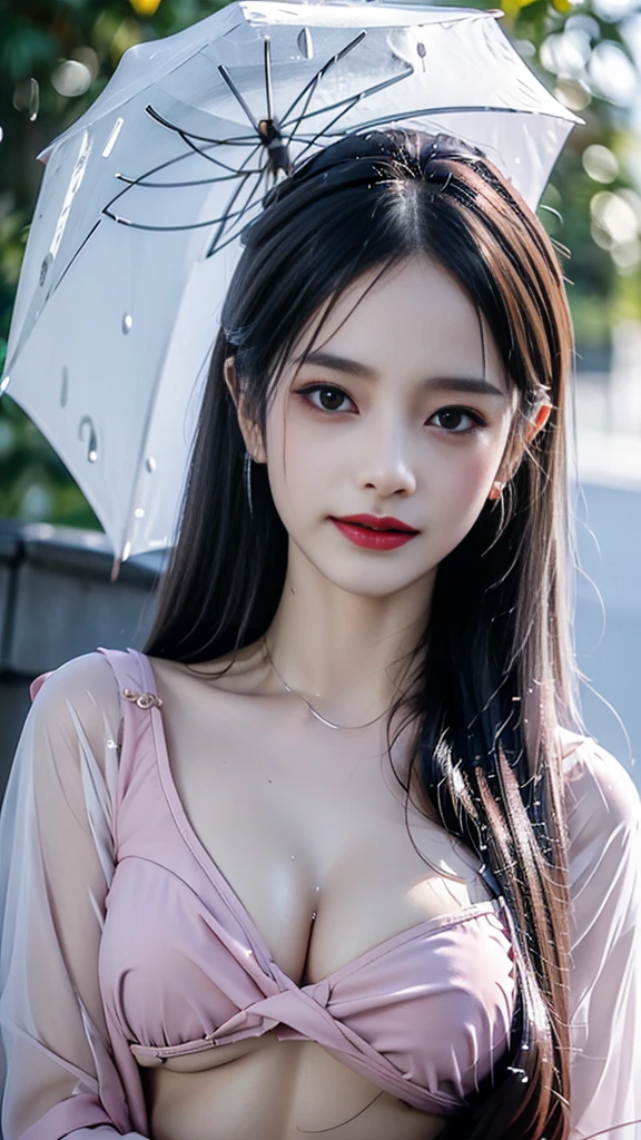 (RAW shooting, Photoreal:1.5, 8K, highest quality, masterpiece, ultra high resolution), perfect dynamic composition:1.2, street corner at night, look up at the sky:1.3, (((Typhoon heavy rain))), Highly detailed skin and facial textures:1.2, Slim high school girl wet in the rain:1.3, sexy beauty, perfect style:1.2, beautiful and aesthetic, Fair skin, very beautiful face, (rain drips all over my body:1.2, wet hair:1.4, wet uniform:1.2), water droplets on the skin, (Medium chest, Chest gap), (embarrassing smile, The expression on your face when you feel intense caress, Facial expression when feeling pleasure), (Beautiful blue eyes、 Beautiful erotic eyes:0.8)、 (Too erotic:0.9、Alluring:0.9)、 Cowboy Shot、Student Bag、 perfect limbs, perfect fingers(,nipple),(Pink is transparent),