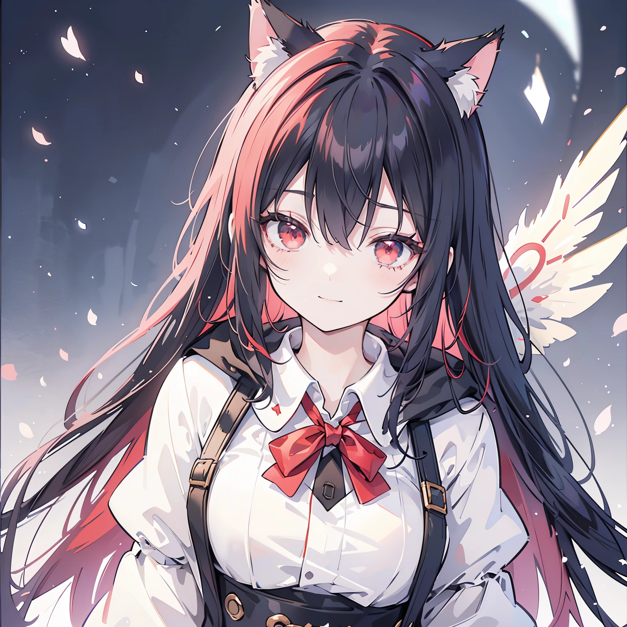 (((Fantasy Black Hair Dye the inside of your hair red Long Hair Dull red eyes Cat ear Beastman Pad))) ((I have a crystal uniform Put on a coat without putting your arms through it Wings many times larger than mine Center close-up)) ((Smile gloves)) (Light star) Catch the wind Shining Background Lightの粒子, rainbow colored edges