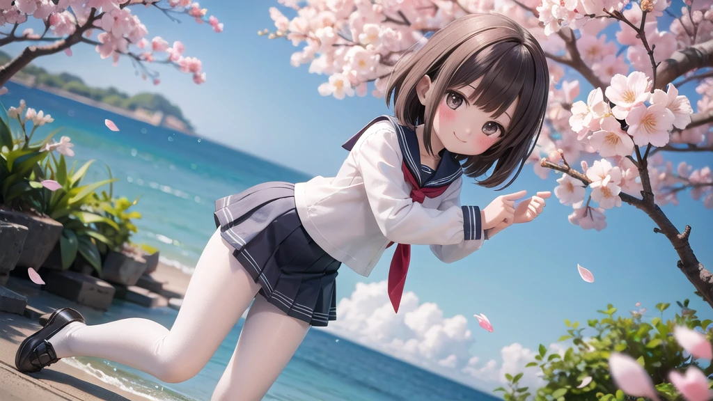 (masterpiece),  Outdoor,  cherry blossoms,  petal,  sunlight,  lake,  One Girl,  blush,  smile,  Medium Hair,  Sailor suit,　Long skirt, Overgrown, petal, plant、Skirt lining、White slip、nostalgic、pantyhose（gray）、You can see the sea in the distance, Crotch close-up