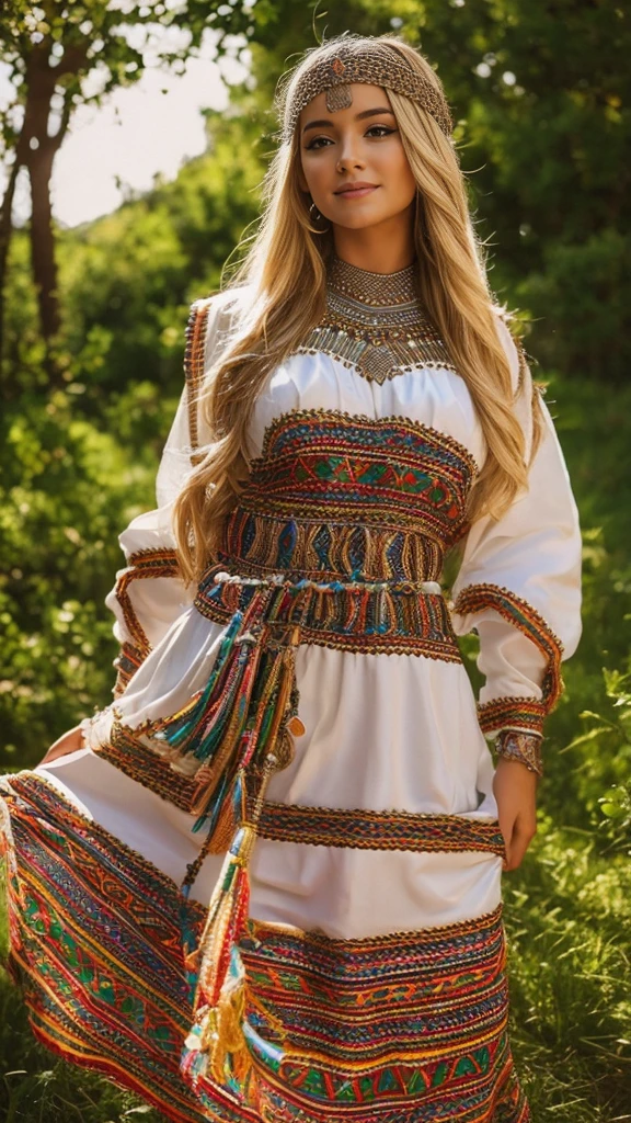 beautifull hot german blonde, robe kabyle, berber, amazigh dress, kabyledress, tizi ouzou, berber outfit, kabylegirl, bijoux, nature background, realistic,