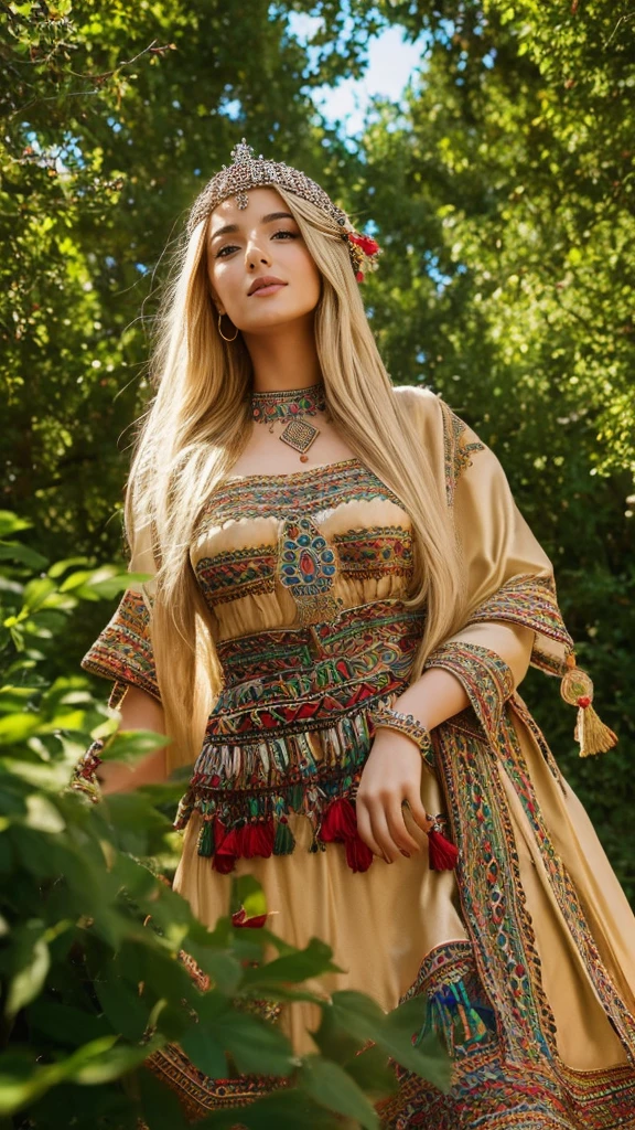 beautifull hot german blonde, robe kabyle, berber, amazigh dress, kabyledress, tizi ouzou, berber outfit, kabylegirl, bijoux, nature background, realistic,