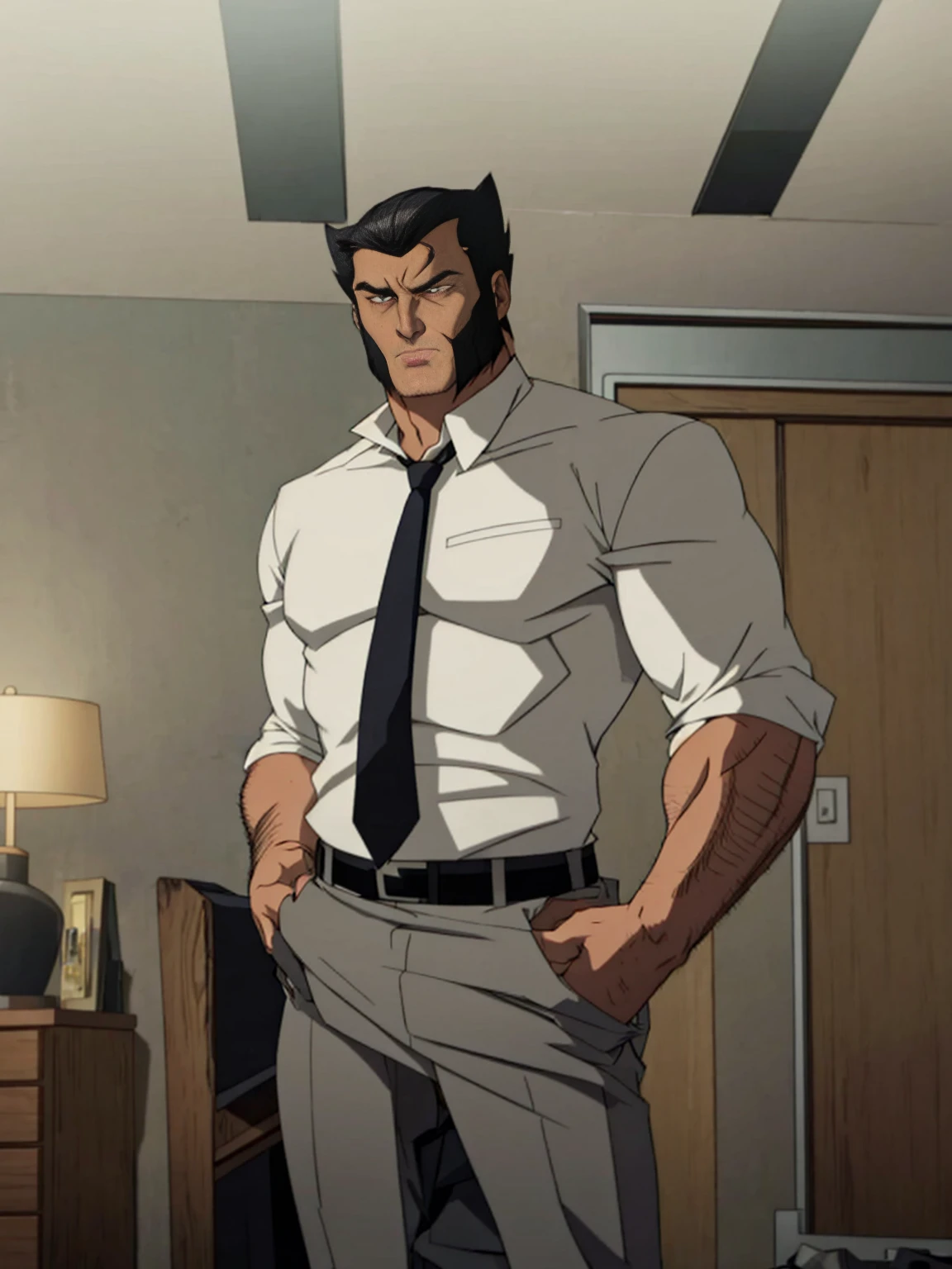 Wolverine in shirt and tie, (tight white shirt, black tie) handsome, big muscles, wide shoulders