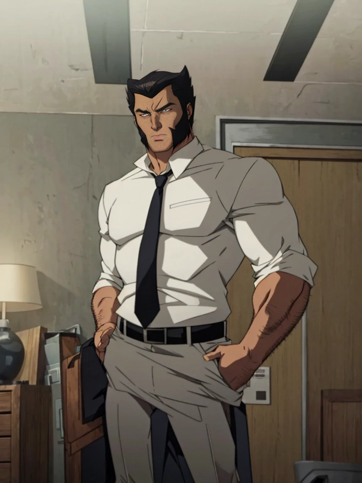 Wolverine in shirt and tie, (tight white shirt, black tie) handsome, big muscles, wide shoulders