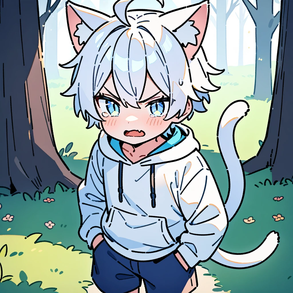 （masterpiece：1.2，high quality），8K，High resolution，A seven-year-old boy，cute boy，white hair，short hair，light blue eyes，slit pupils， ahoge，cat ears，angry，tears，skin fang，Halation，Wearing a white hoodie，Dark blue shorts，Stand in the forest，There are flowering trees on both sides.，primary school student，thigh，alone，cat tail，（Put your hands in your pockets）