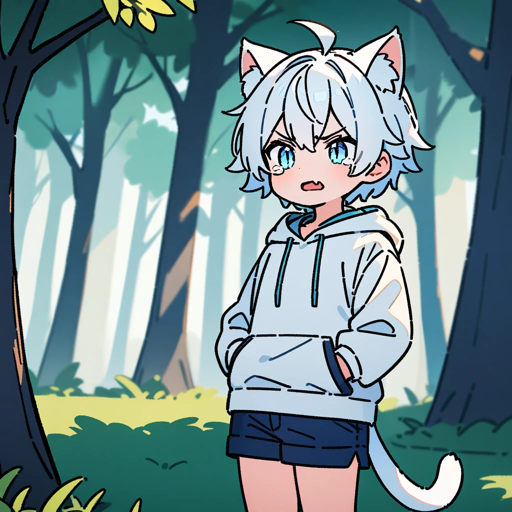 （masterpiece：1.2，high quality），8K，High resolution，A seven-year-old boy，cute boy，white hair，short hair，light blue eyes，slit pupils， ahoge，cat ears，angry，tears，skin fang，Halation，Wearing a white hoodie，Dark blue shorts，Stand in the forest，There are flowering trees on both sides.，primary school student，thigh，alone，cat tail，（Put your hands in your pockets）