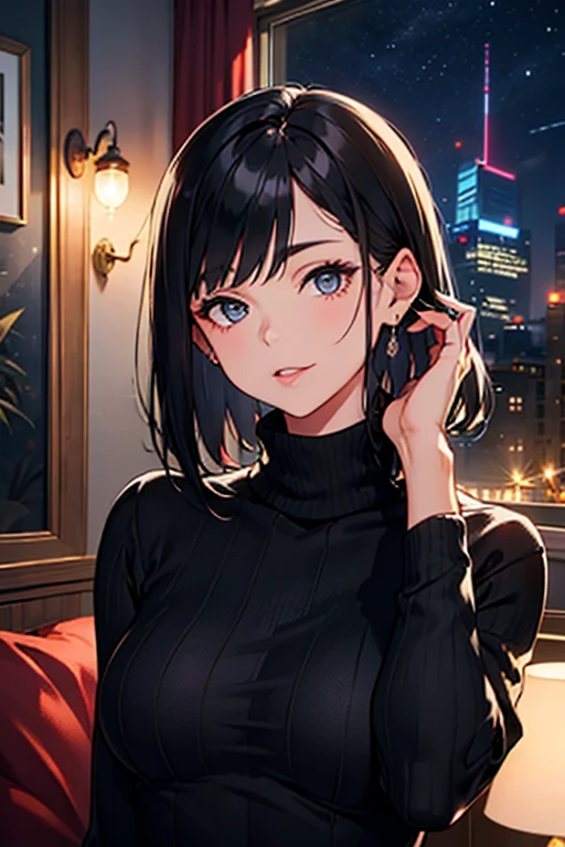 woman Black Hair Medium Hair Straight Hair Black knit turtleneck Glamour Dummy Head Licking the ear room night No window