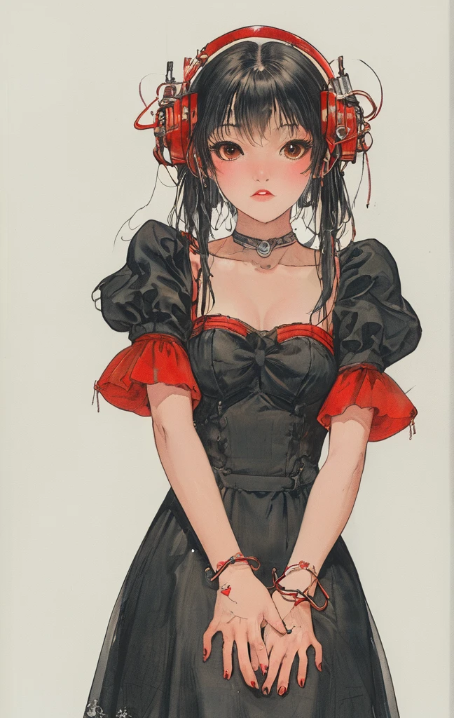 masterpiece, best quality, 1girl, gloves, solo, tongue, red background, black gloves, tongue out, long hair, elbow gloves, bangs, puffy sleeves, open mouth, grey hair, short sleeves, looking at viewer, hands on own face, upper body, blunt bangs, puffy short sleeves, colored tongue, heart, black dress, dress, hands on own cheeks, red eyes, facial mark, crown, simple background, tattoo, string, teeth, halftone