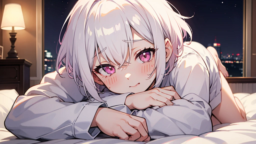 White Hair Girl、Pink Eyes、Short Hair、Only one girl、Night、In the bedroom、Blushing、laughing、Excited、Just One、Sitting on the bed、Sweating、With tears in their eyes、On all fours
