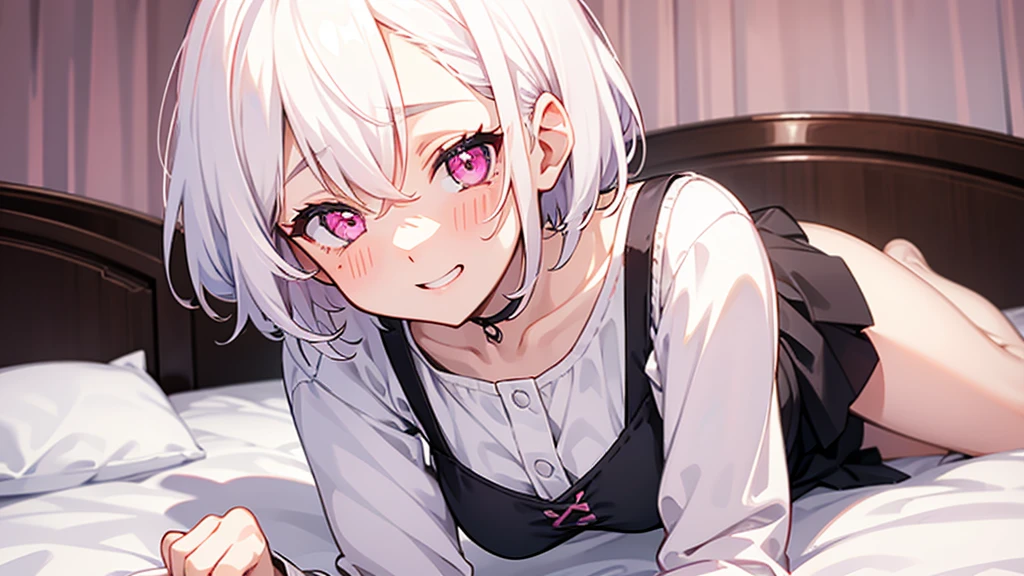 White Hair Girl、Pink Eyes、Short Hair、Only one girl、Night、In the bedroom、Blushing、laughing、Excited、Just One、Sitting on the bed、Sweating、Red ribbon on the right side of the head