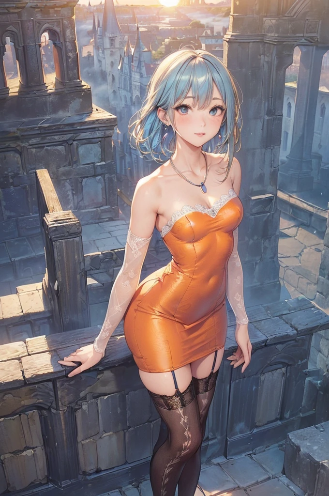 ((Biologically correct limb count))、(( From head to toe、Full-body photo including face))、4K、((Standing position))、masterpiece、((Focus on the face))、((Symmetrical facial features))、Eyes with detailed description、Beautiful woman、Great style、Beautiful arms、Beautiful legs、Beautiful Hands、(Small Ass、Thin thighs)、Facial detailing、Small earrings、necklace、(Orange tight dress、((High heels、Patterned stockings)))、((Standing in front of an old castle in the setting sun, looking up))、Close-up photo of the upper body、Lace gloves、(((blue blonde)))、Thick fog