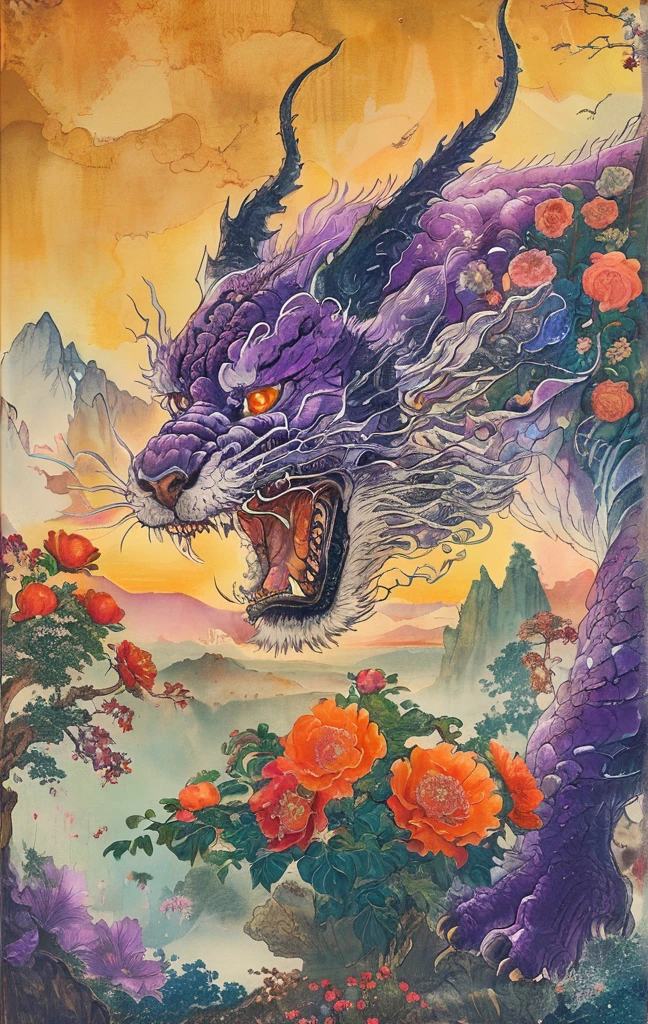 A white dragon lies in the middle of an endless field full of purple flowers, surrounded by snow-capped mountains and a blue sky sparkling with golden sunset rays. The whole scene is filled with a dreamy atmosphere, with vibrant colors and detailed background elements rendered in high resolution and detailed in a top quality illustration style. A girl with black hair and white eyes, dressed in dark , stands next to an anthropomorphic tiger, both looking at the camera. The background is adorned with intricate patterns of flowers and leaves., with a black color scheme, taken from a low angle shot, with high resolution and high detail, a masterpiece、((highest quality)),(ultra high resolution),(Super detailed),(detailed description),((The best CG)),(best work of art),super precision art,amazing drawing art,(Fantasy art with intricate detail:1.5), (Female Devil:1.6),(A beautiful face with a hint of madness:1.6),(disaster々New tattoo:1.4),(stiletto heels:1.6), (Blasphemous Magic Circle:1.8), Skull Moon, bat,