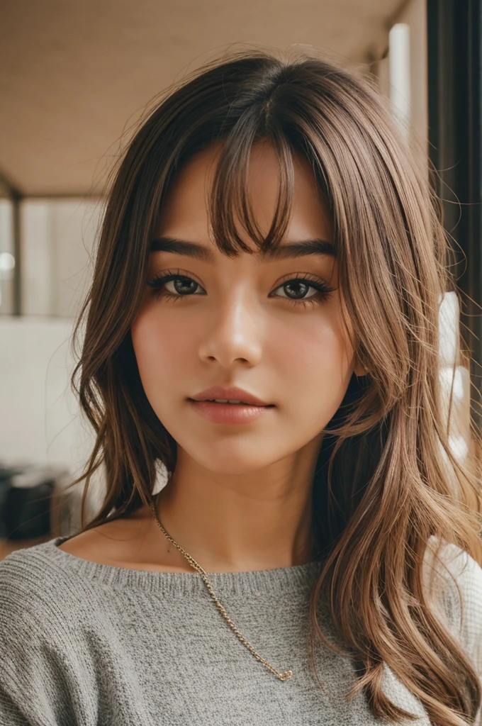 1 girl, 19 years, alone, aesthetic art, wavy brown hair, shoulder length brown hair, grey eyes, light grey eyes, light brown skin, big breasts, hefty body, (textured skin, skin pores: 1.1 ), (mole: 0.8), imperfect skin, Goosebumps, (Extremely detailed 8K wallpaper), soft lighting, high quality, cinematic grain, sharp focus Fujifilm XT3, f5to.6, 50mm, very high details, sharp focus , (natural light), in a white dress. A white sun dress, floral print sundress, crazy details, intricate details, hyper detailed