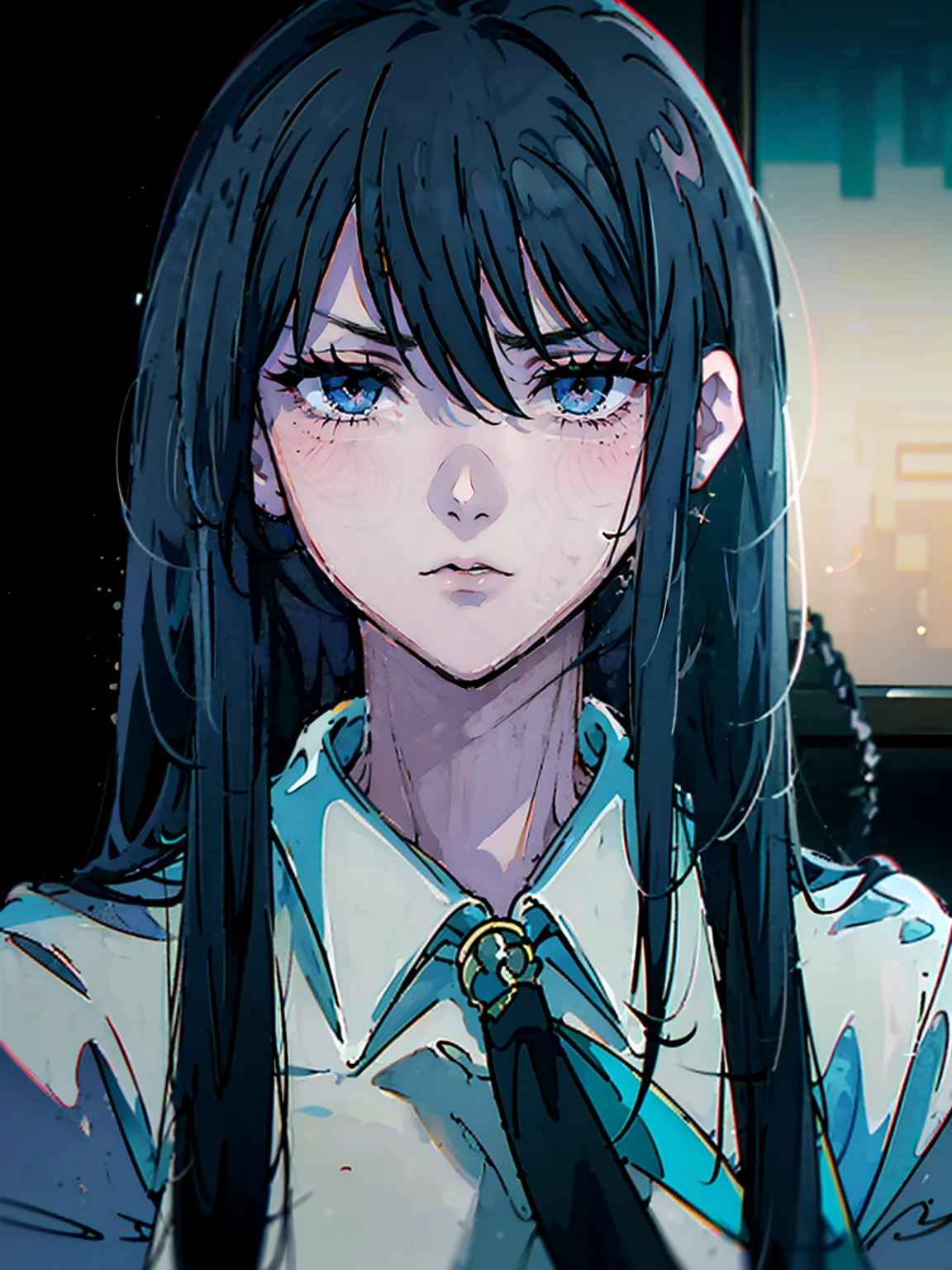 dark, masterpiece, Highest quality, 8K、、 (Unhealthy face:1.9, Red collar, Dark Eyes:1.5, Dark circles under the eyes, Yandere:1.5, Unhappy face, Lifeless face), Long hair in the eyes, Long Bangs, Eyes through the bangs, Big eyes,　Turquoise Eyes, Bust Shot, Dark atmosphere
