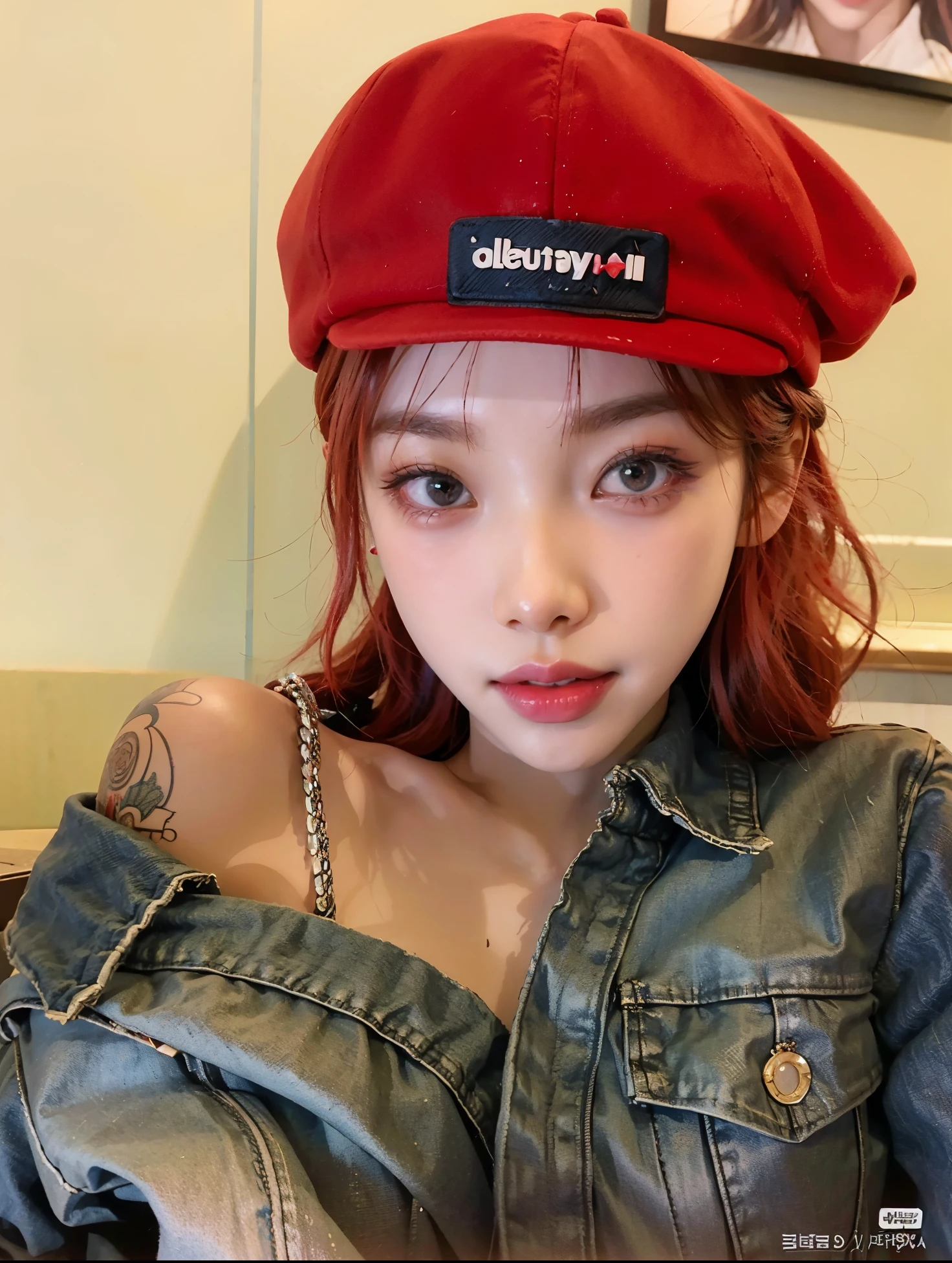 a close up of a person wearing a red hat and a denim jacket, sun yunjoo, roseanne park of blackpink, jossi of blackpink, portrait of jossi of blackpink, ulzzang, with red hair, jinyoung shin, cl, ((red)) baggy eyes, red cap, heonhwa choe, park ji-min, belle delphine