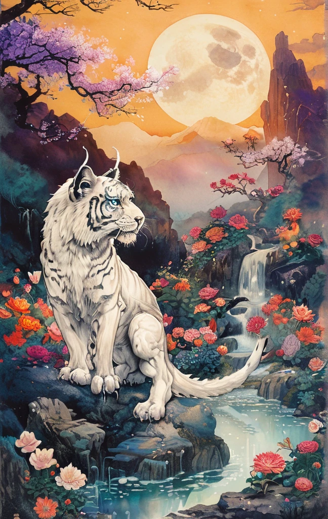 A white dragon lies in the middle of an endless field full of purple flowers, surrounded by snow-capped mountains and a blue sky sparkling with golden sunset rays. The whole scene is filled with a dreamy atmosphere, with vibrant colors and detailed background elements rendered in high resolution and detailed in a top quality illustration style. A girl with black hair and white eyes, dressed in dark , stands next to an anthropomorphic tiger, both looking at the camera. The background is adorned with intricate patterns of flowers and leaves., with a black color scheme, taken from a low angle shot, with high resolution and high detail, a masterpiece、((highest quality)),(ultra high resolution),(Super detailed),(detailed description),((The best CG)),(best work of art),super precision art,amazing drawing art,(Fantasy art with intricate detail:1.5), (Female Devil:1.6),(A beautiful face with a hint of madness:1.6),(disaster々New tattoo:1.4),(stiletto heels:1.6), (Blasphemous Magic Circle:1.8), Skull Moon, bat,