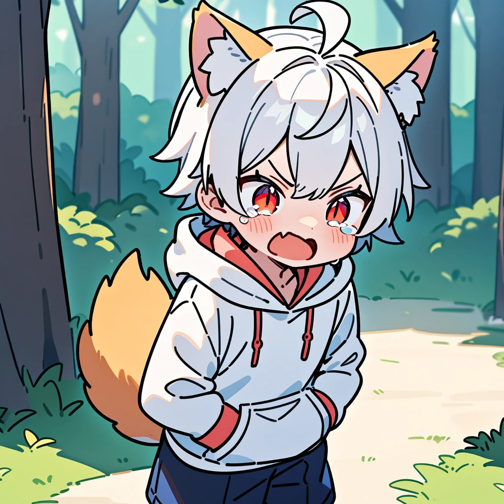 （masterpiece：1.2，high quality），8K，High resolution，A seven-year-old boy，cute boy，white hair，short hair，red eyes，slit pupils， ahoge，cat ears，angry，tears，skin fang，Halation，Wearing a white hoodie，Dark blue shorts，Stand in the forest，There are flowering trees on both sides.，primary school student，thigh，alone，dog tail，（Put your hands in your pockets）