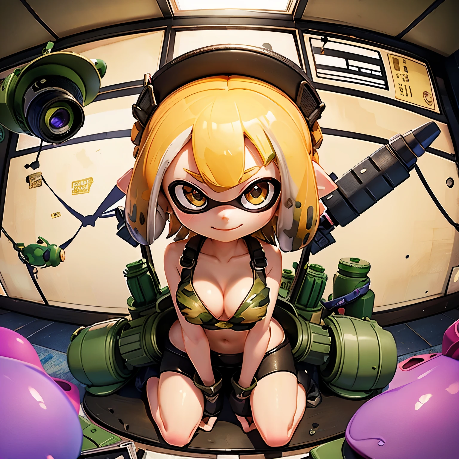 (splatoon girl:1.2)、Focus on the girl、Armory、From above、(Security camera footage)、Armoryの中で立っている、Sitting at a desk、Golden Eyes、Camouflage-colored tentacle hair、((Camouflage Bikini、Big Breasts、Cleavage))、View your viewers、(smile)、Have a weapon、、(There are a lot of guns on the wall:1.2、Scattered ammunition、Stacked ammo boxes)、Detailed facial depiction、((Fisheye Lens))、Wide-angle、Draw a large room、masterpiece、Highest quality、High resolution、High resolution、Very detailed、One-frame manga situation art、